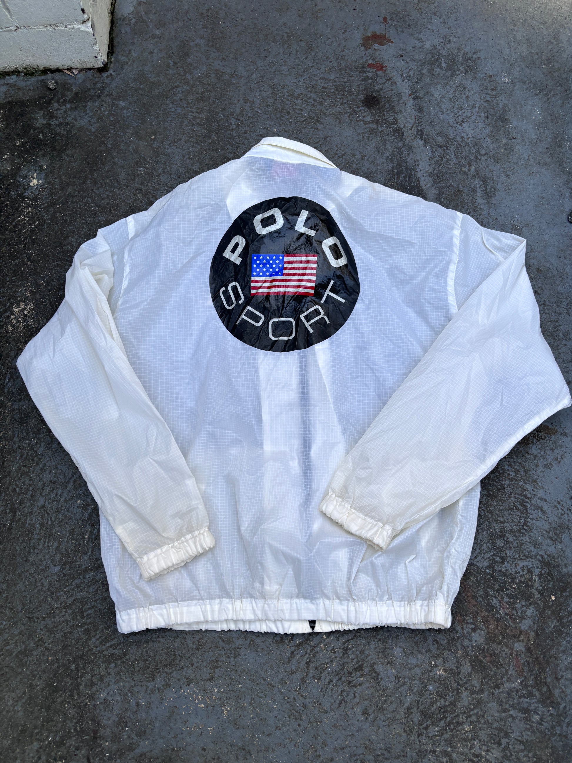 Vintage 90s Polo Sport Jacket Women's S Cream Badge Logo Classic Nylon Windbreaker