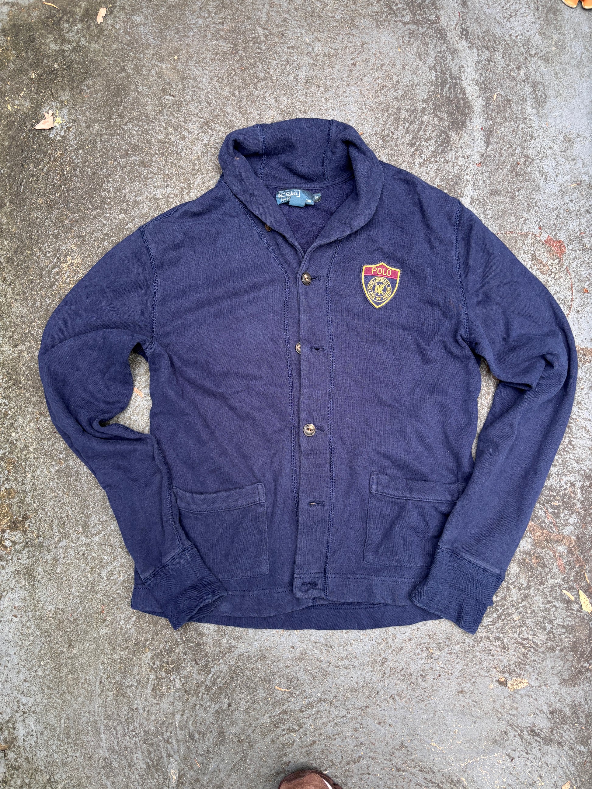 Vintage Y2K Polo Ralph Lauren Cardigan Size M Navy Chest Badge Cotton Button Up