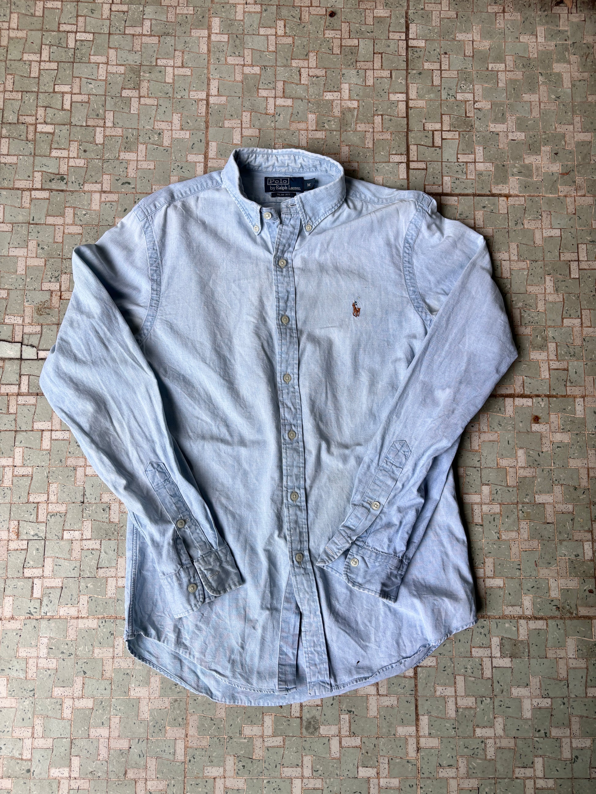 Vintage Y2K Polo Ralph Lauren Shirt Size M Blue Washed Faded Look Colour Pony
