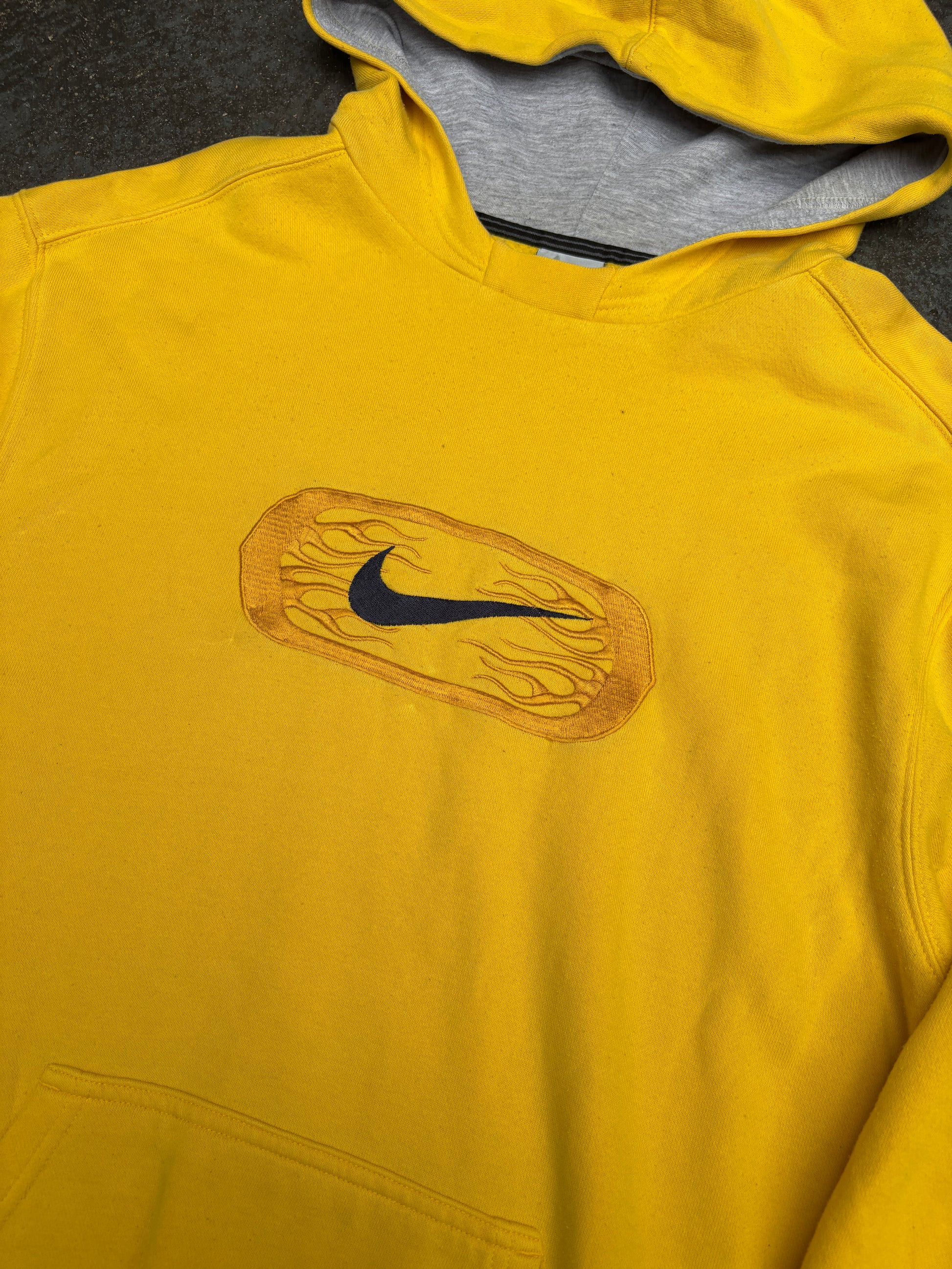 Vintage Y2K Nike Hoodie Size XL Yellow Embroidered Flames Spell Out Logo Pouch