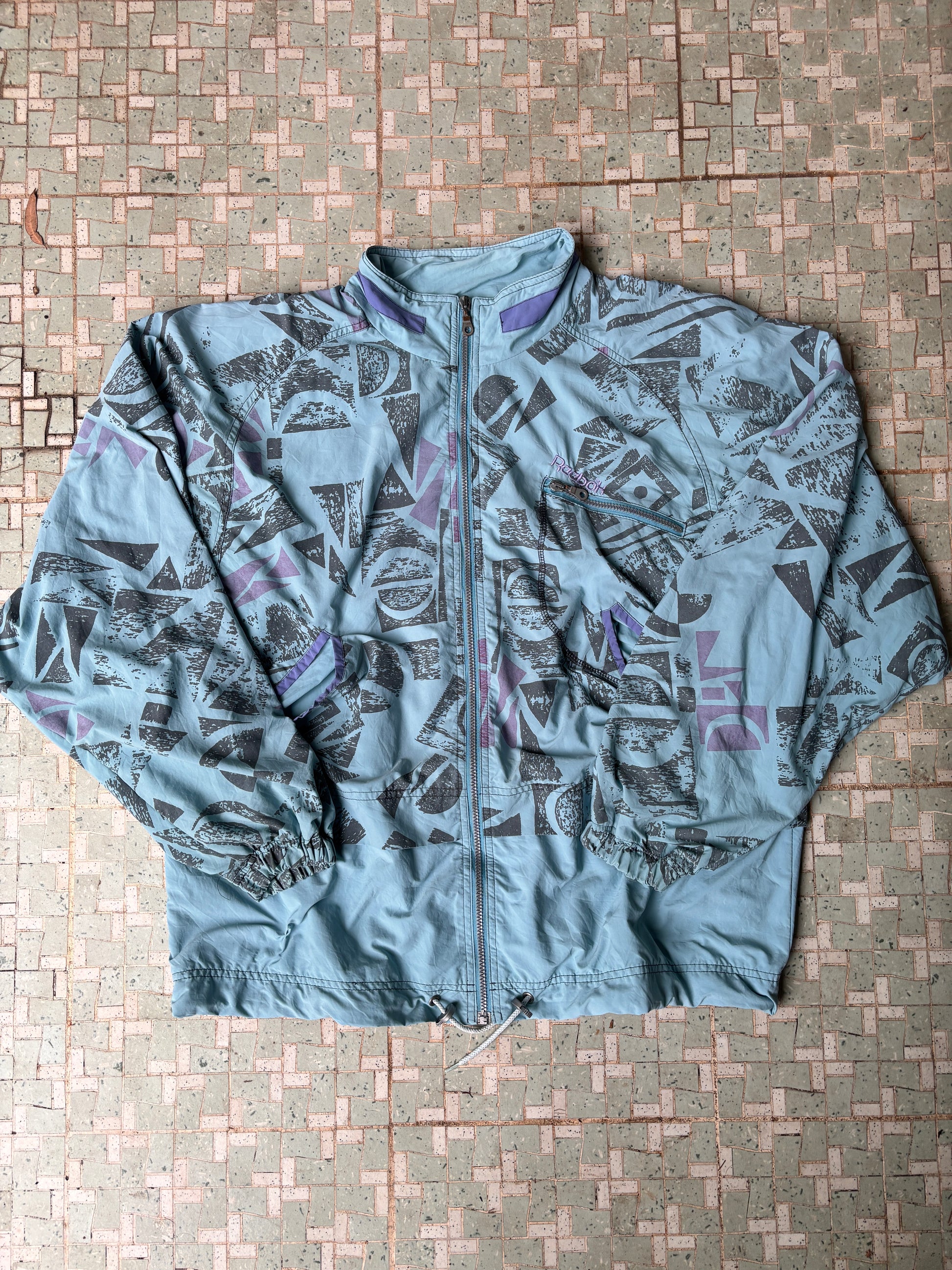 Vintage 80's Reebok Jacket Size XL Blue Green Windbreaker Mock Neck Zip Up