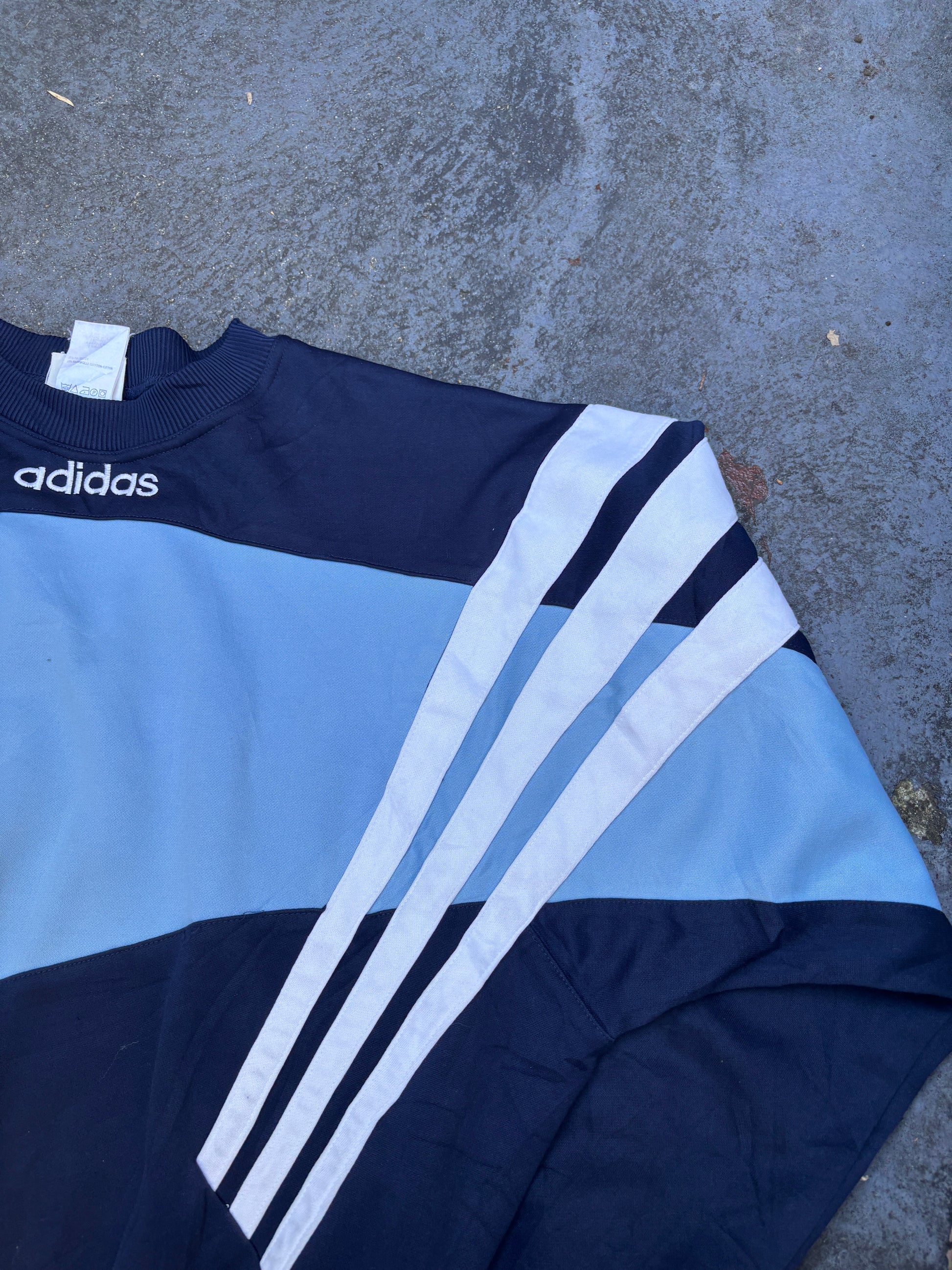 Vintage 90s Adidas Jumper Size L Two Tone Blue Spell Out Logo 3 Stripe