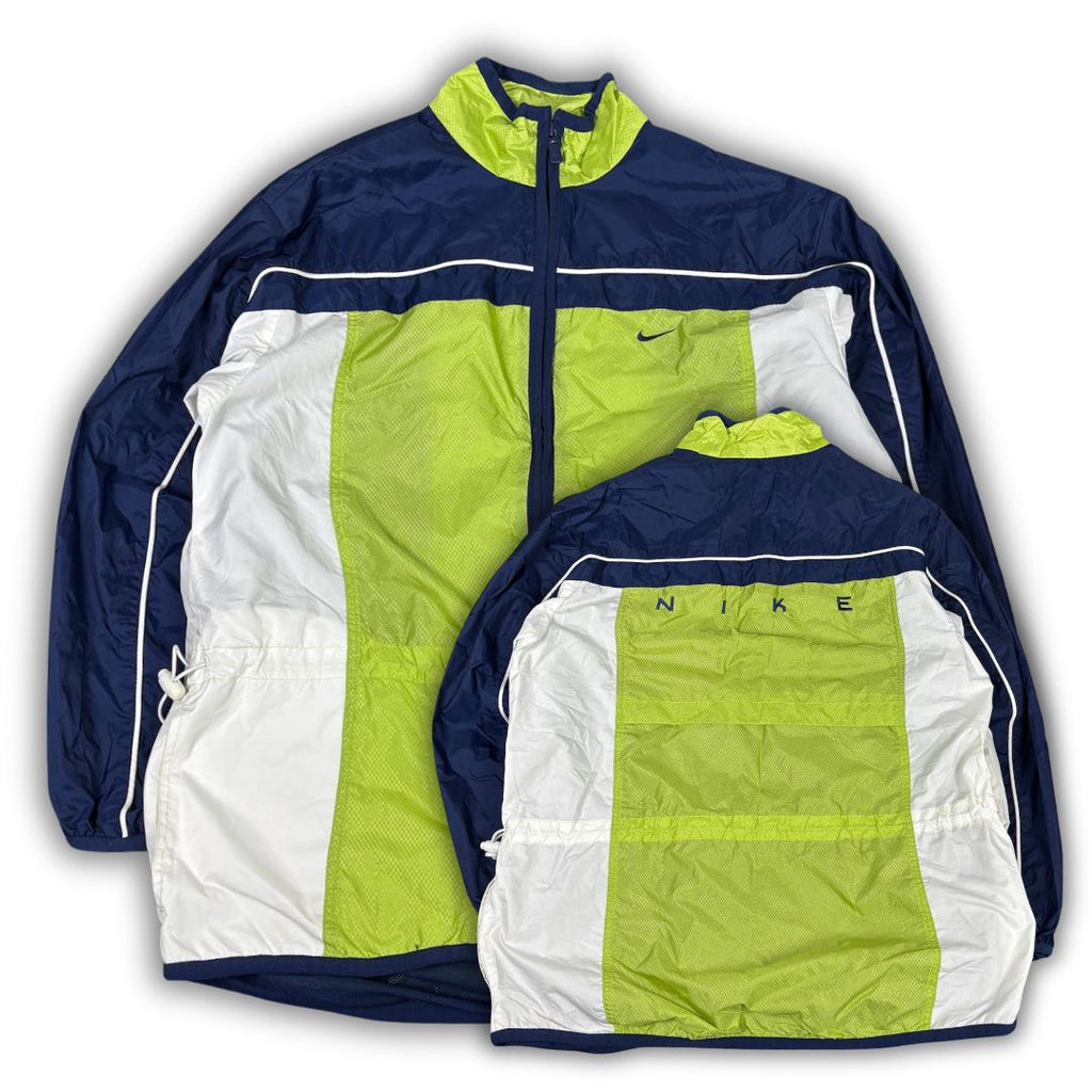 Vintage 90s Nike Jacket Womens M Blue Green Spell Out Logo Bungee Nylon Windbreaker