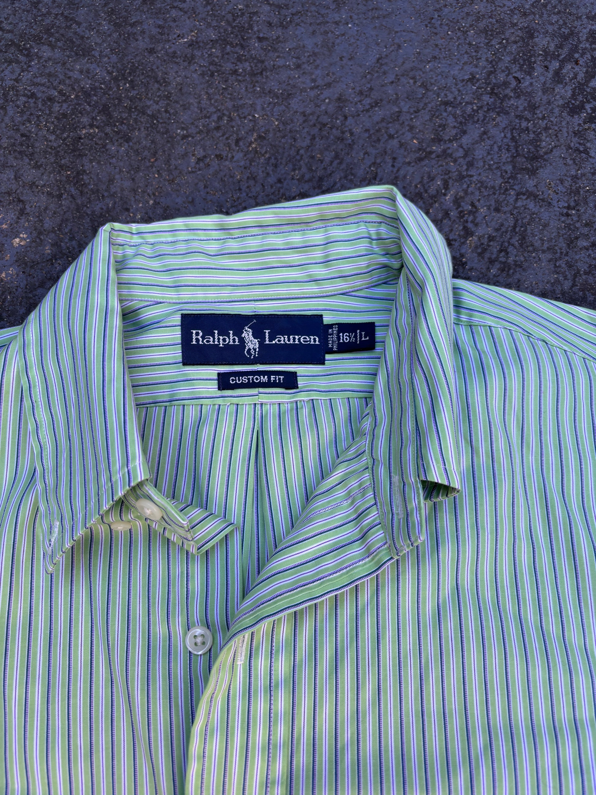 Vintage 90s Ralph Lauren Shirt Size L Green Purple Stripe Long Sleeve Button Up