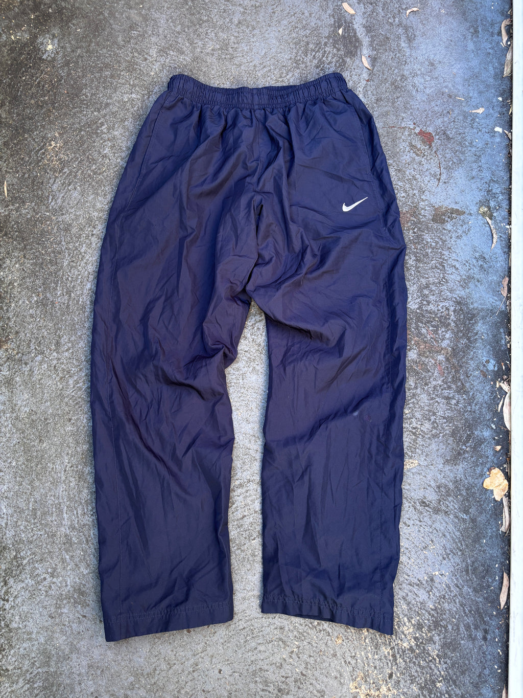 Nike Track Pants Sz L Navy White Swoosh Straight Leg Classic Nylon Windbreakers