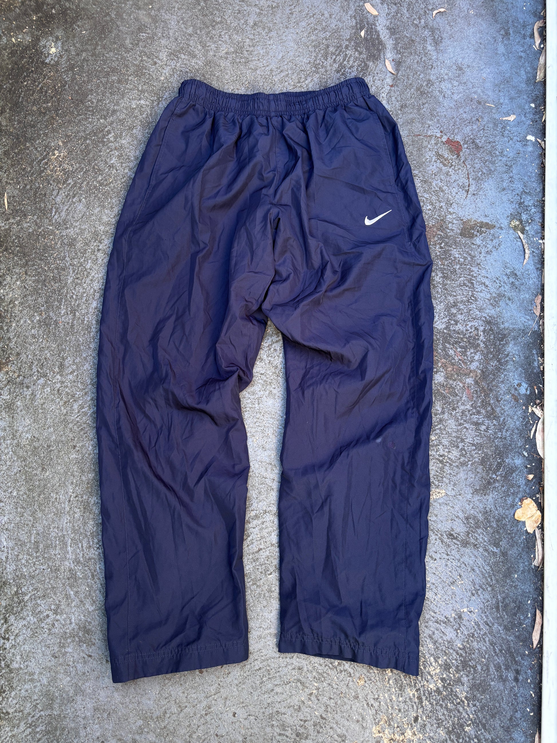 Nike Track Pants Sz L Navy White Swoosh Straight Leg Classic Nylon Windbreakers