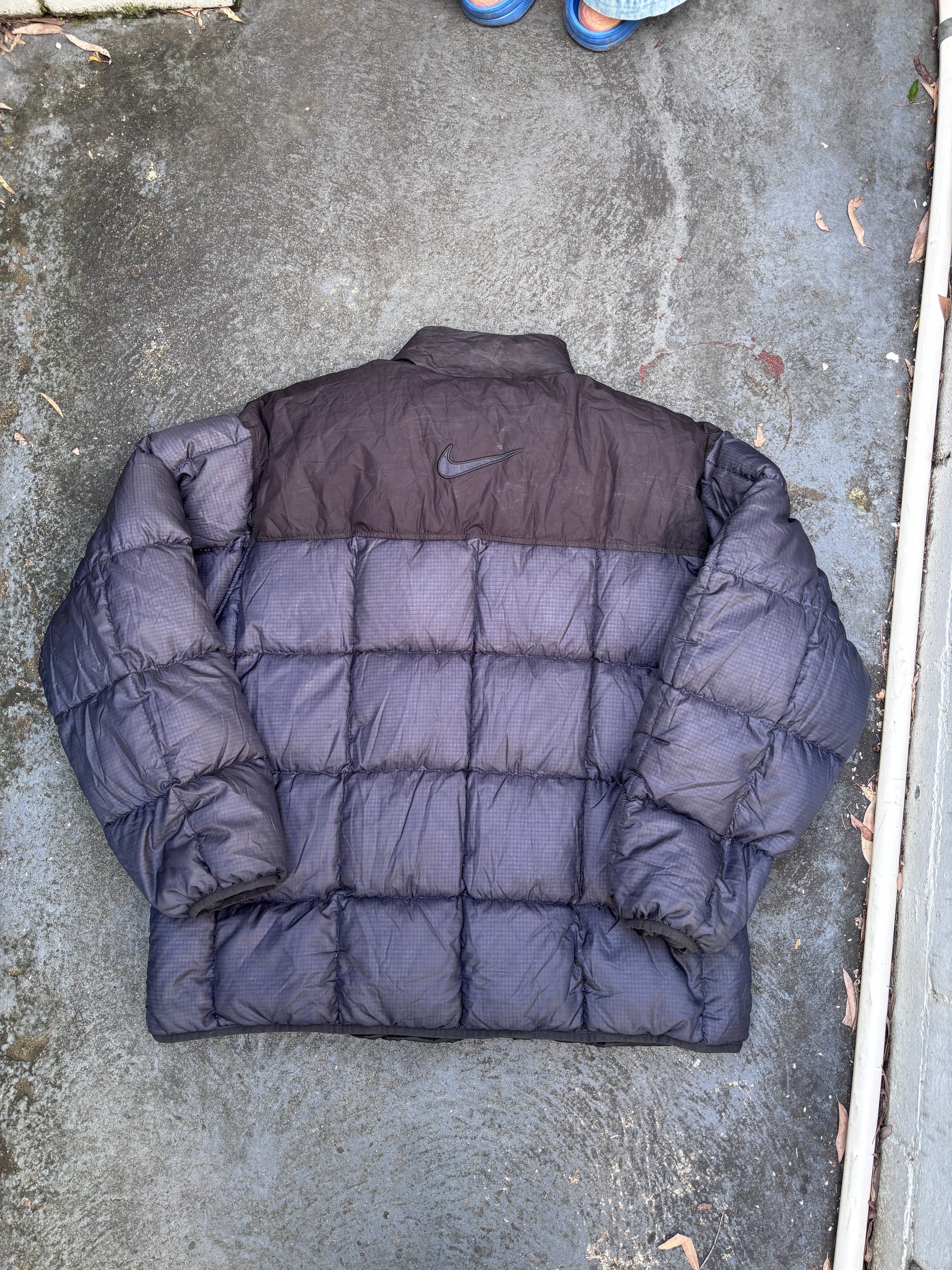 Vintage 90s Nike Down Puffer Jacket Size L Oversized Black Navy Swoosh Full Zip