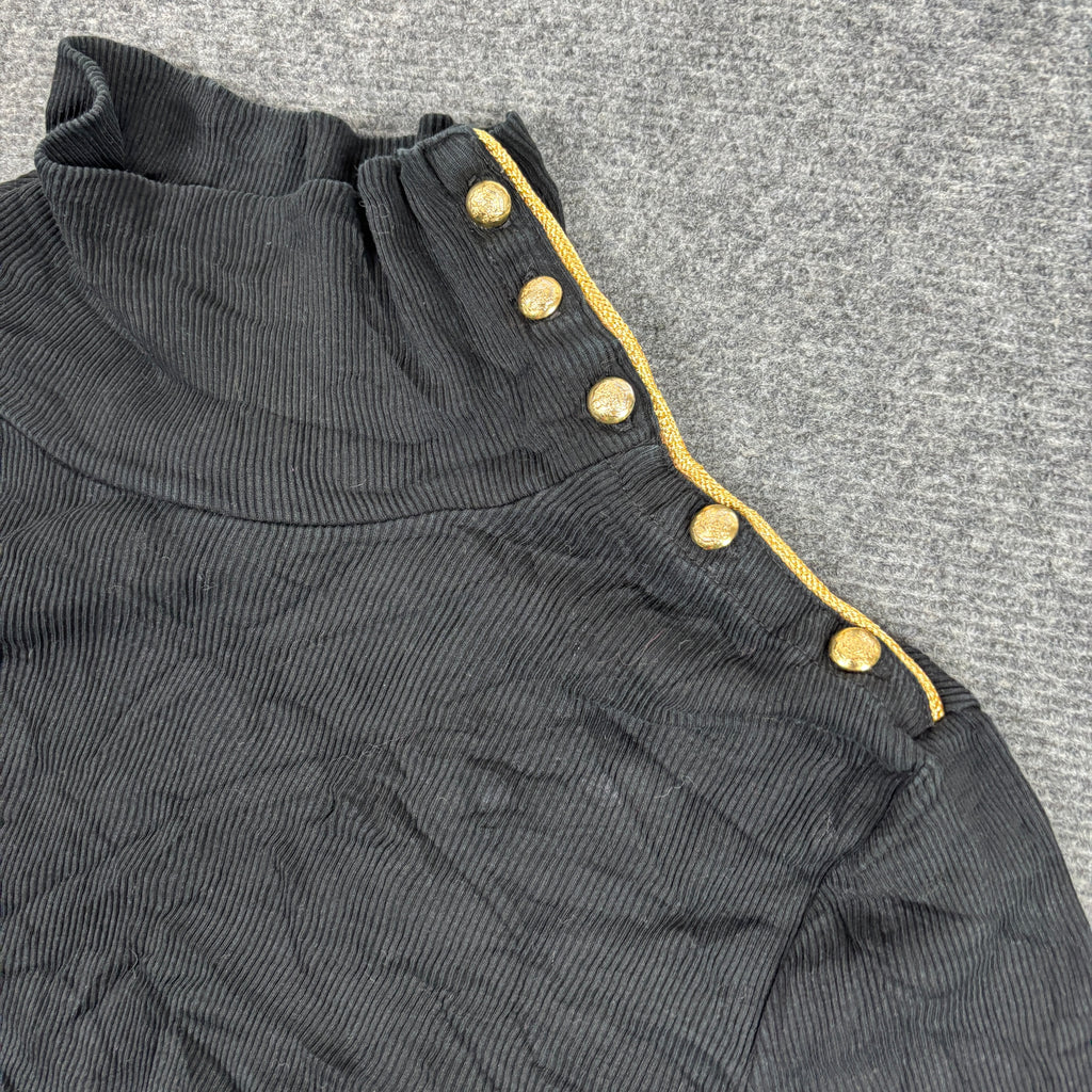 Lauren Ralph Lauren Mock Neck Top Women's Small Black Ribbed Gold Snap Button