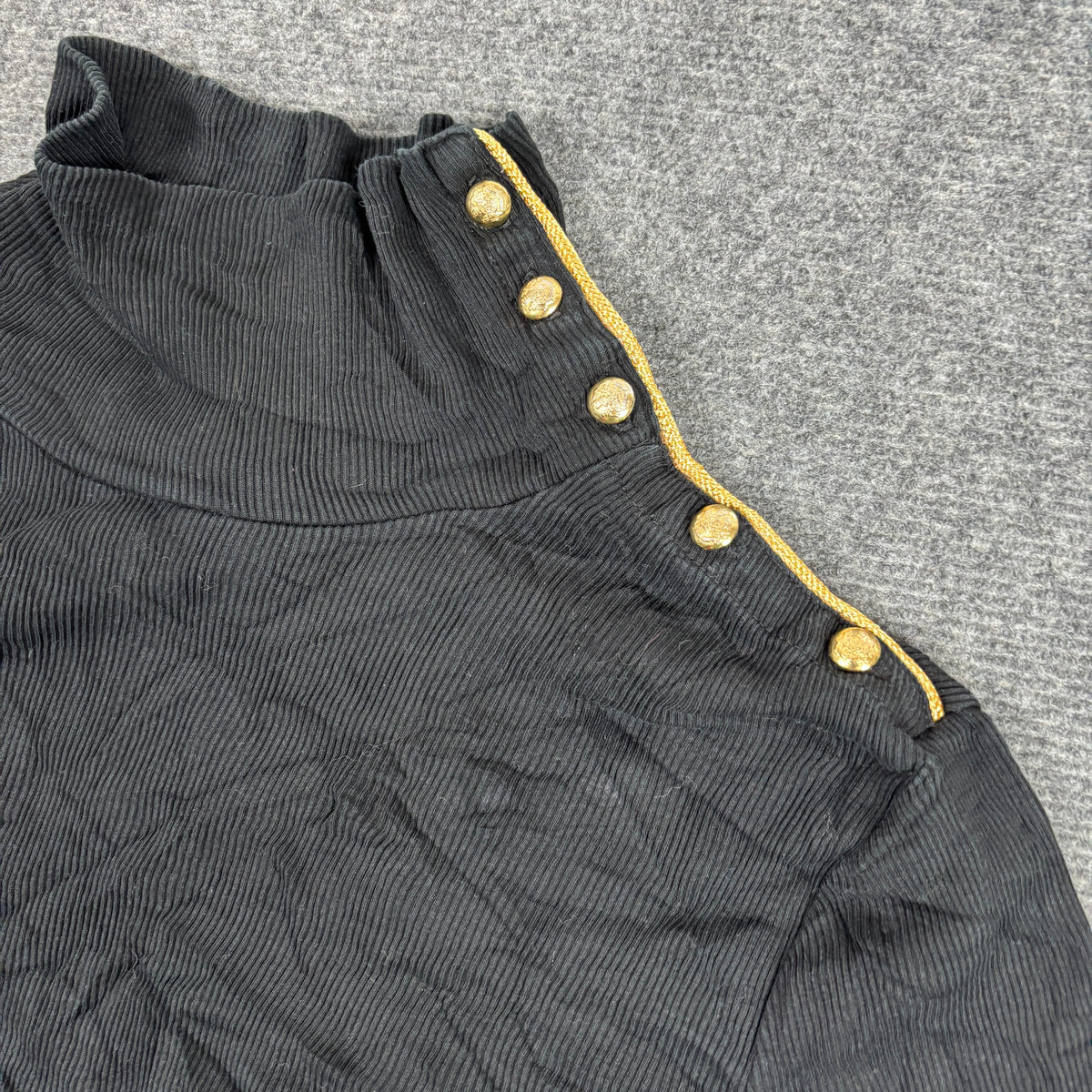 Lauren Ralph Lauren Mock Neck Top Women's Small Black Ribbed Gold Snap Button