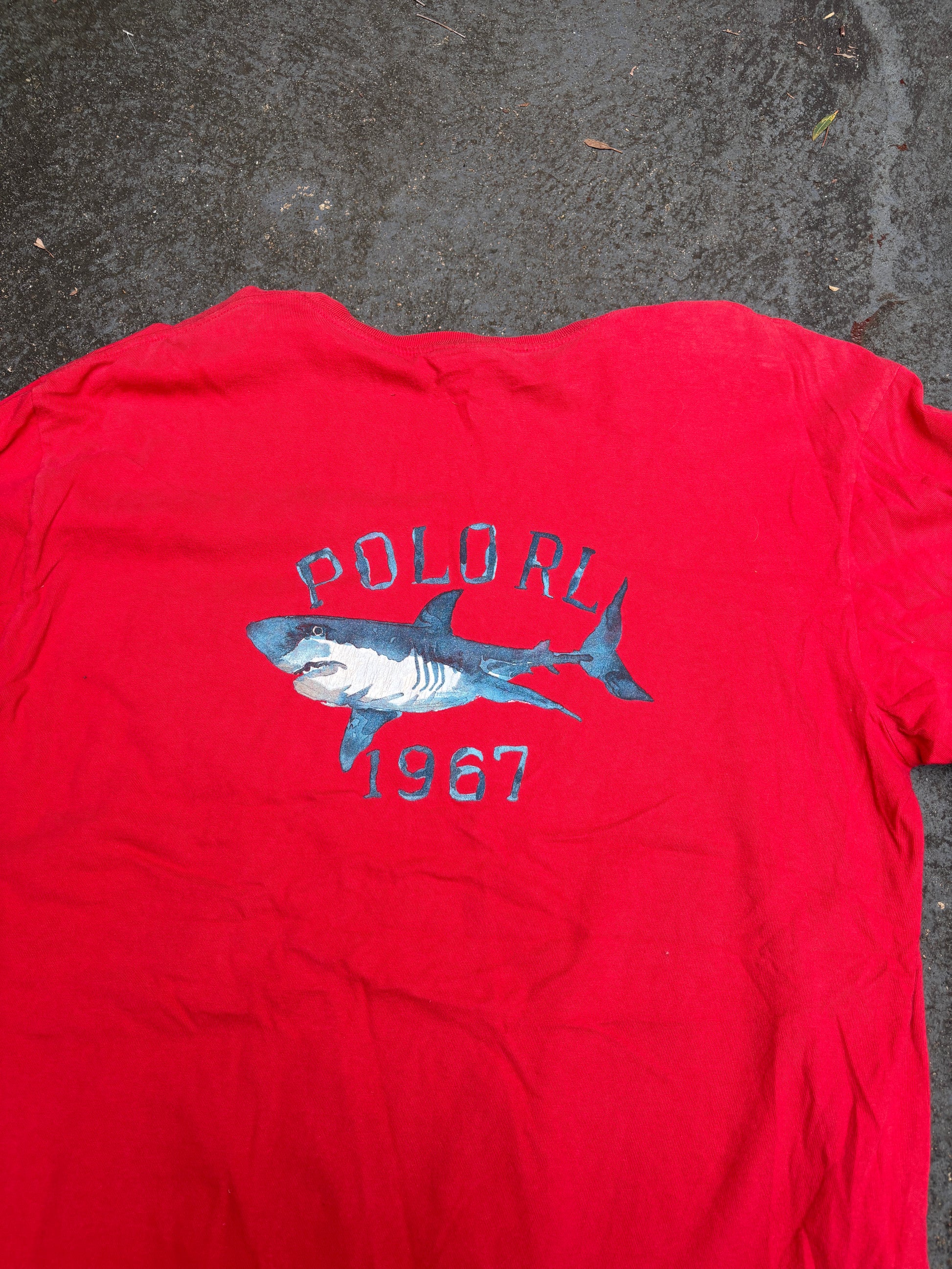 Vintage 90s Ralph Lauren Polo Sport Shark T-Shirt Sz L Red Chest Pocket Cotton