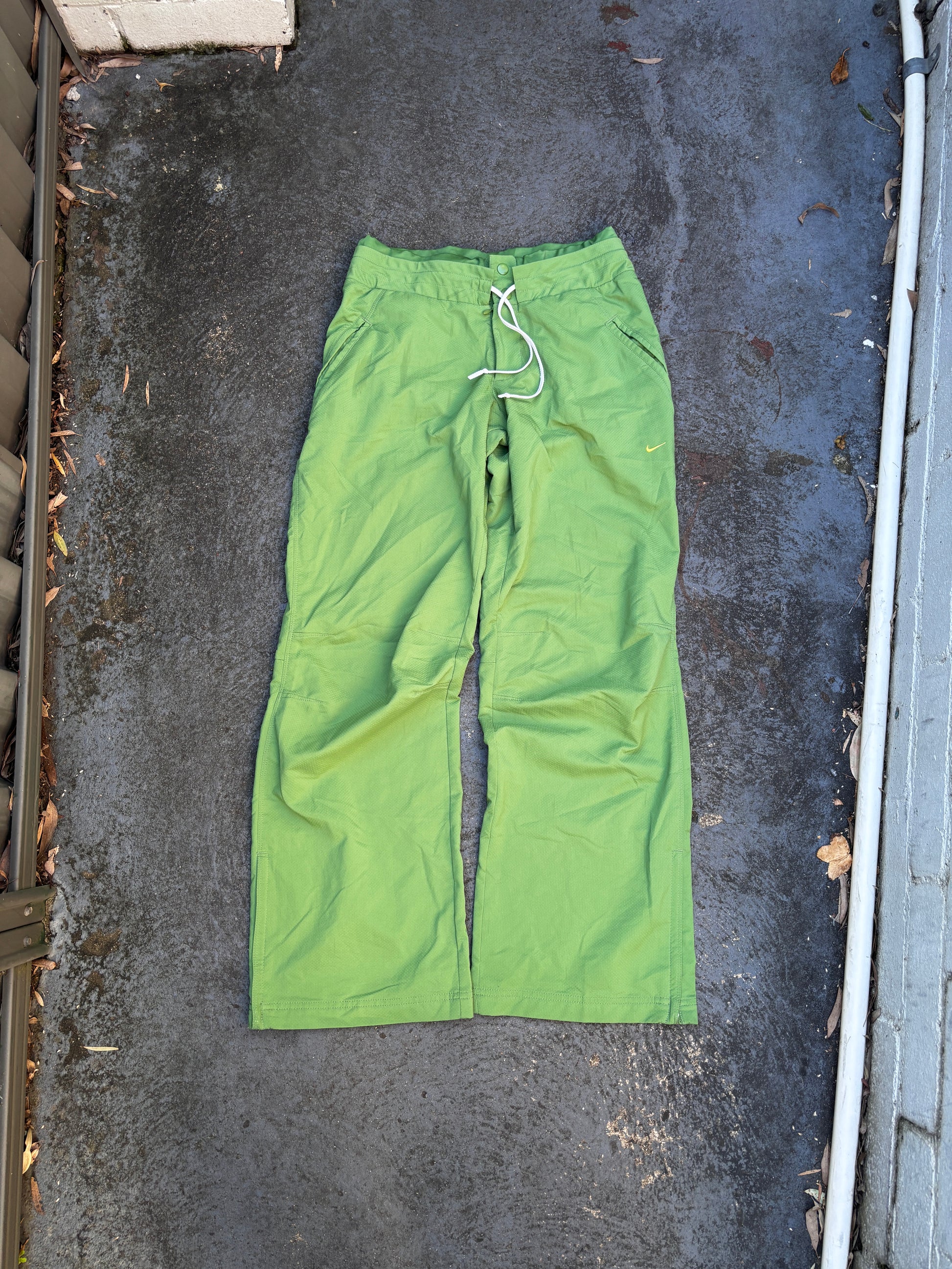 Vintage Y2K Nike Track Pants Size S Green Yellow Swoosh Baseball Style Wide Leg