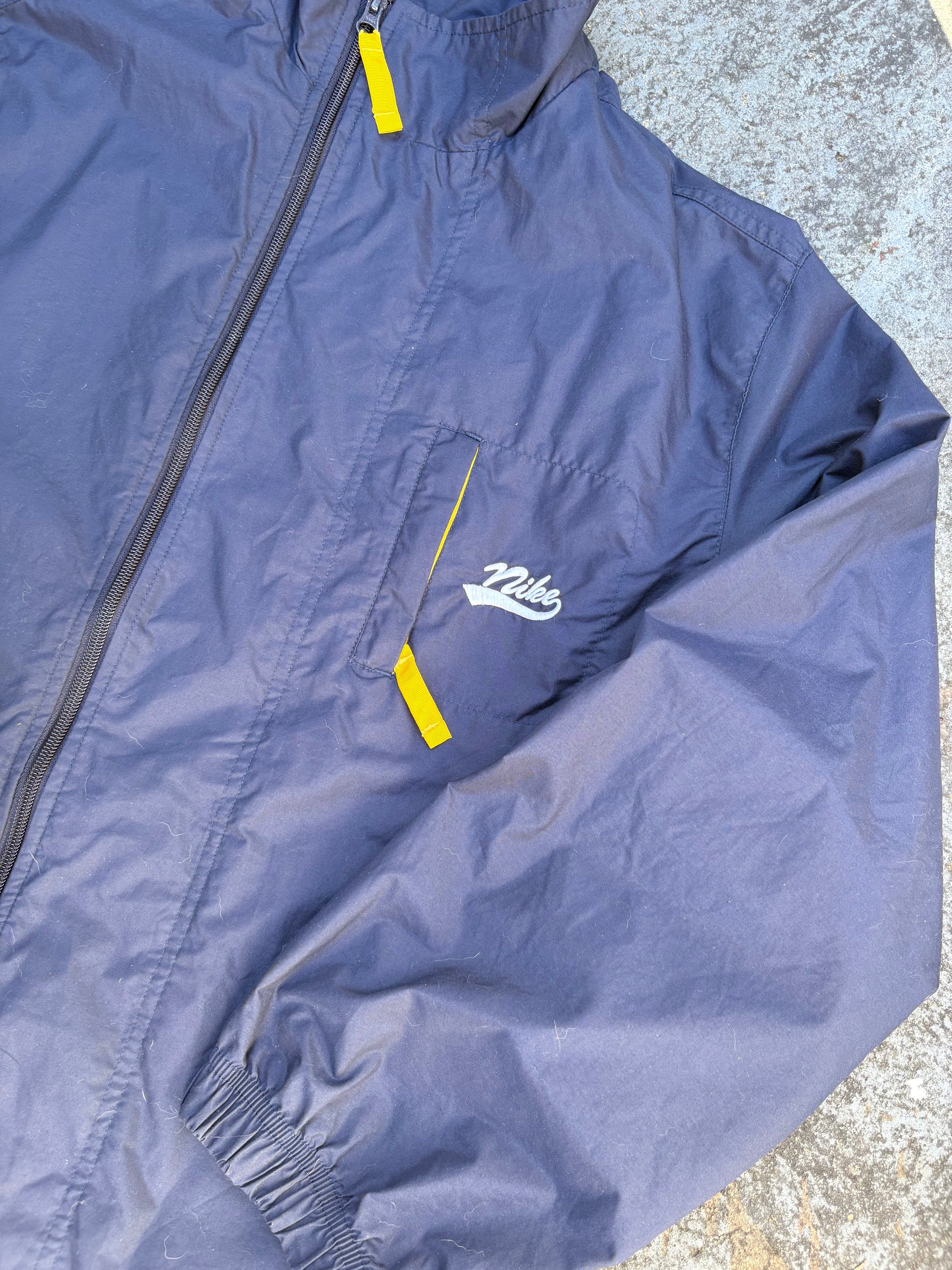 Vintage 90s Nike Jacket Size L Navy Yellow Spell Out Nylon Windbreaker Full Zip