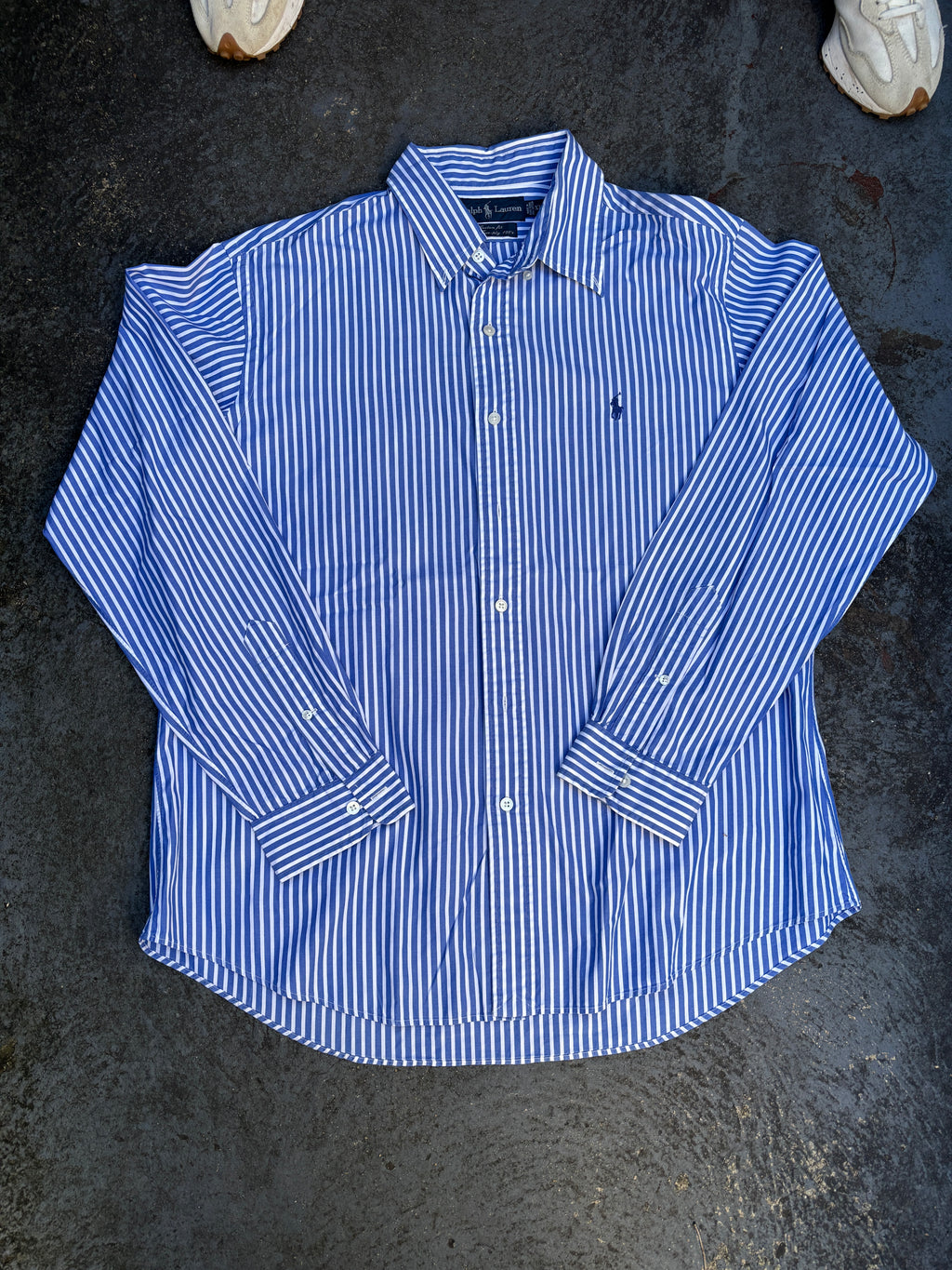 Vintage 90s Ralph Lauren Shirt Men’s XL Blue White Striped 2-Ply Cotton Custom Fit