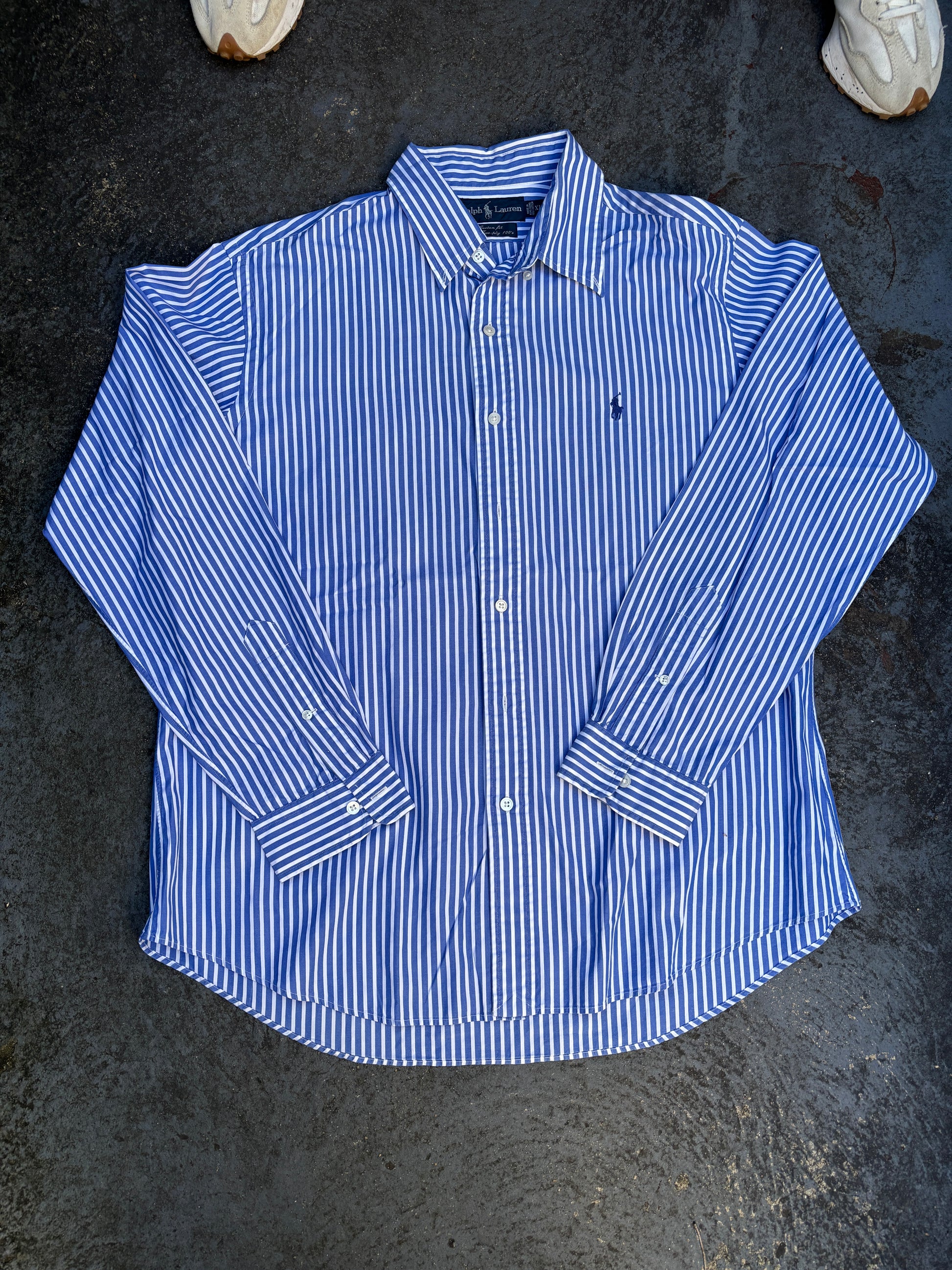 Vintage 90s Ralph Lauren Shirt Men’s XL Blue White Striped 2-Ply Cotton Custom Fit