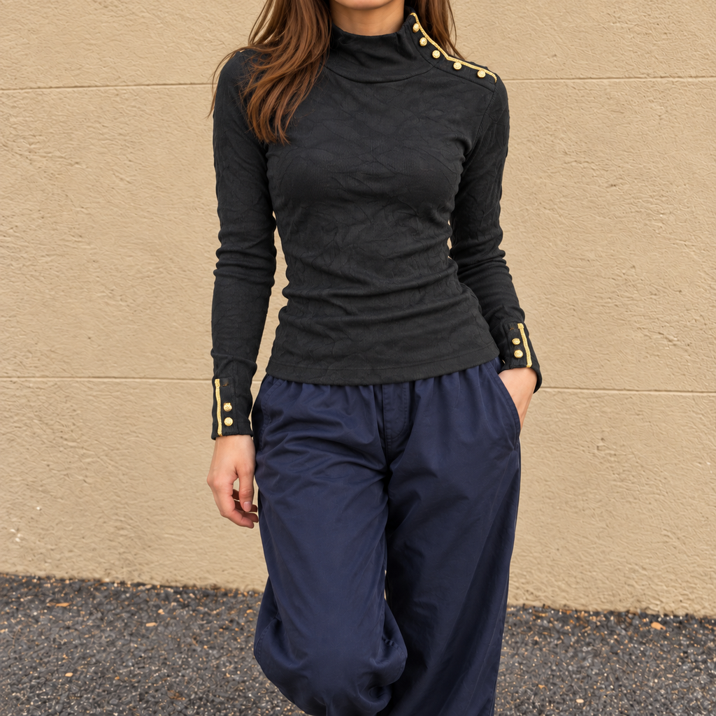Lauren Ralph Lauren Mock Neck Top Women's Small Black Ribbed Gold Snap Button
