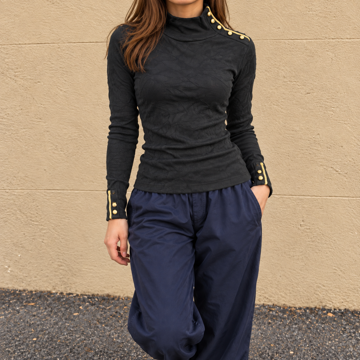 Lauren Ralph Lauren Mock Neck Top Women's Small Black Ribbed Gold Snap Button