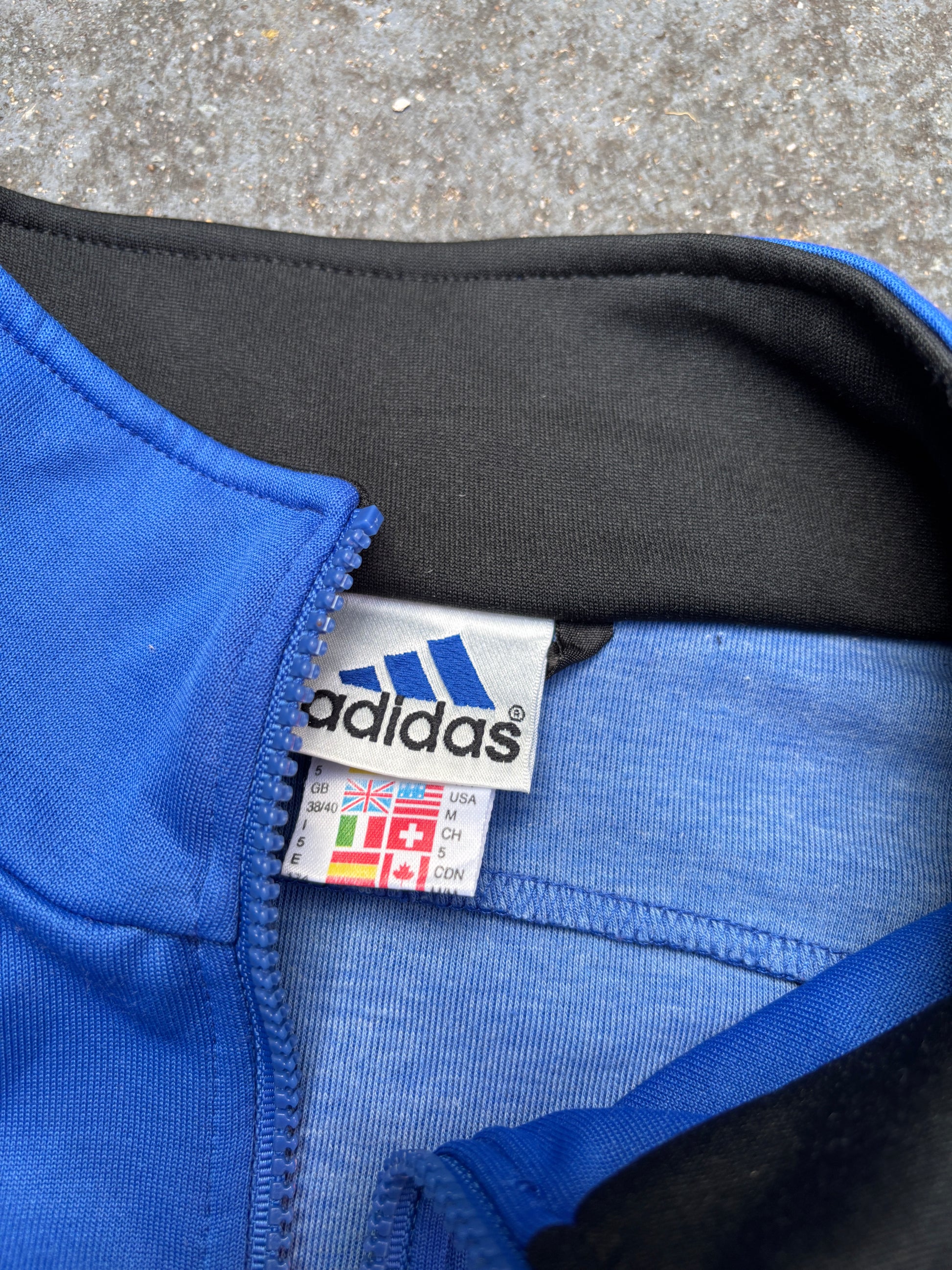 Vintage 90s Adidas Jacket Size L Blue Navy 3 Stripe Football Satin Style Finish