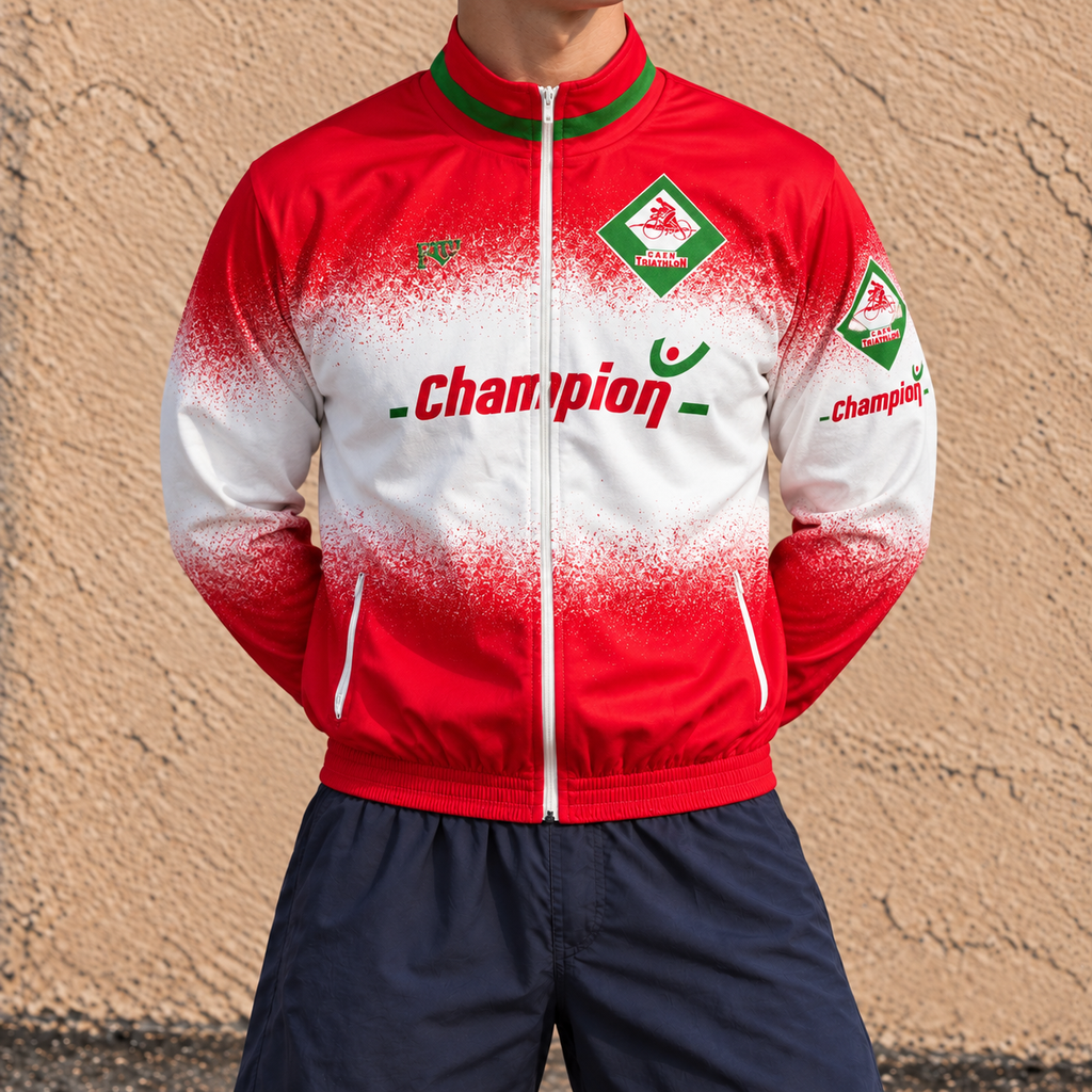 Vintage French Cycling Jacket Men's Medium Red White Caen Triathlon
