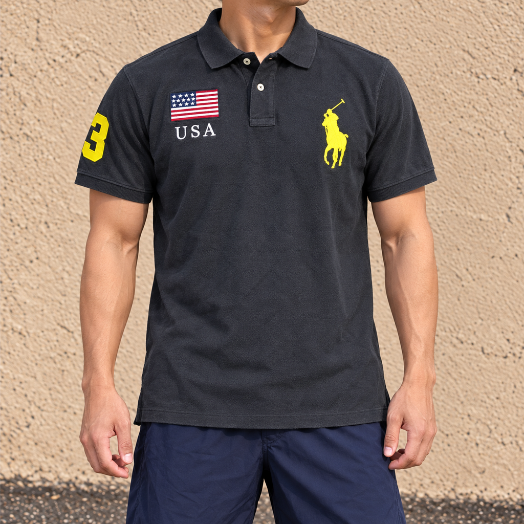 Vintage 90's Polo Ralph Lauren Polo Men's L Black Team USA Fluro Large Pony