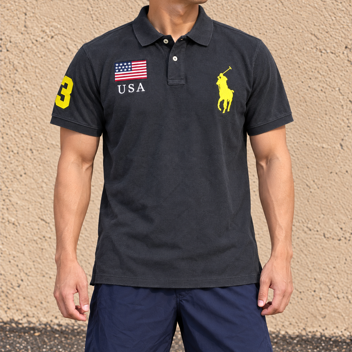 Vintage 90's Polo Ralph Lauren Polo Men's L Black Team USA Fluro Large Pony