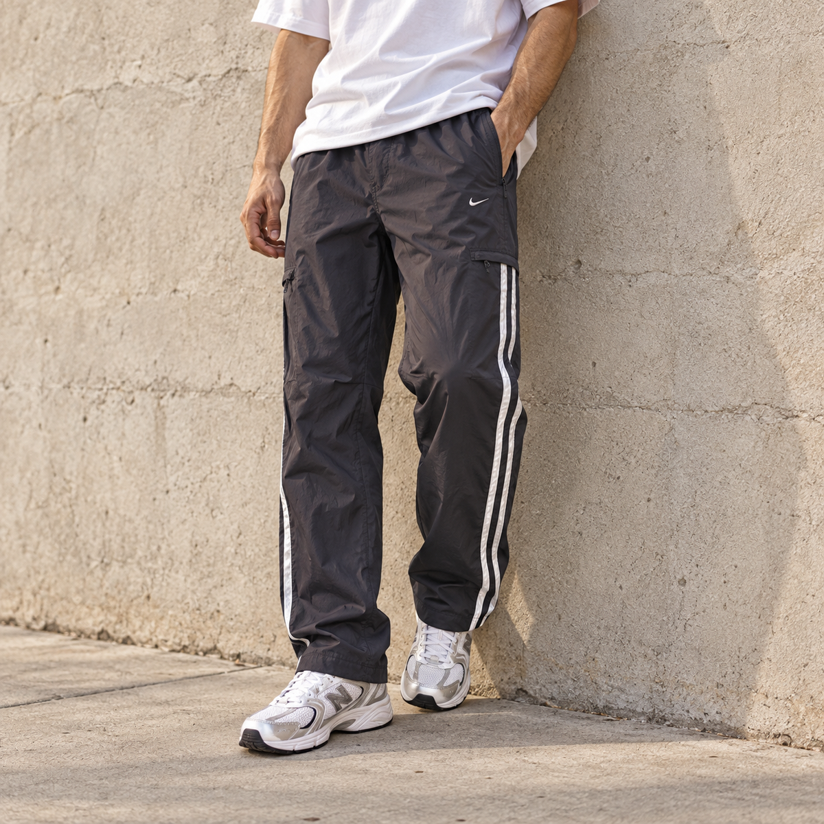Vintage Y2K Nike Cargo Track Pants XL Black White Grey Side Detail Wide Leg