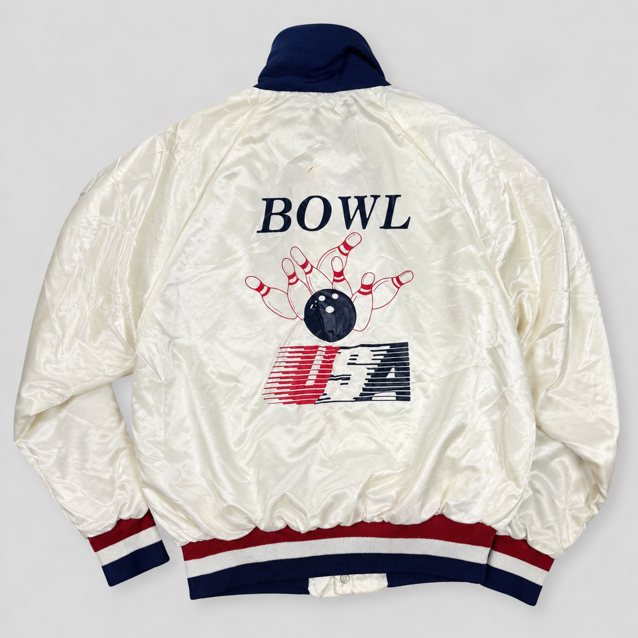 Vintage 90s Satin Bomber King Louie Bowling Jacket Size Medium Unisex White Cuffed
