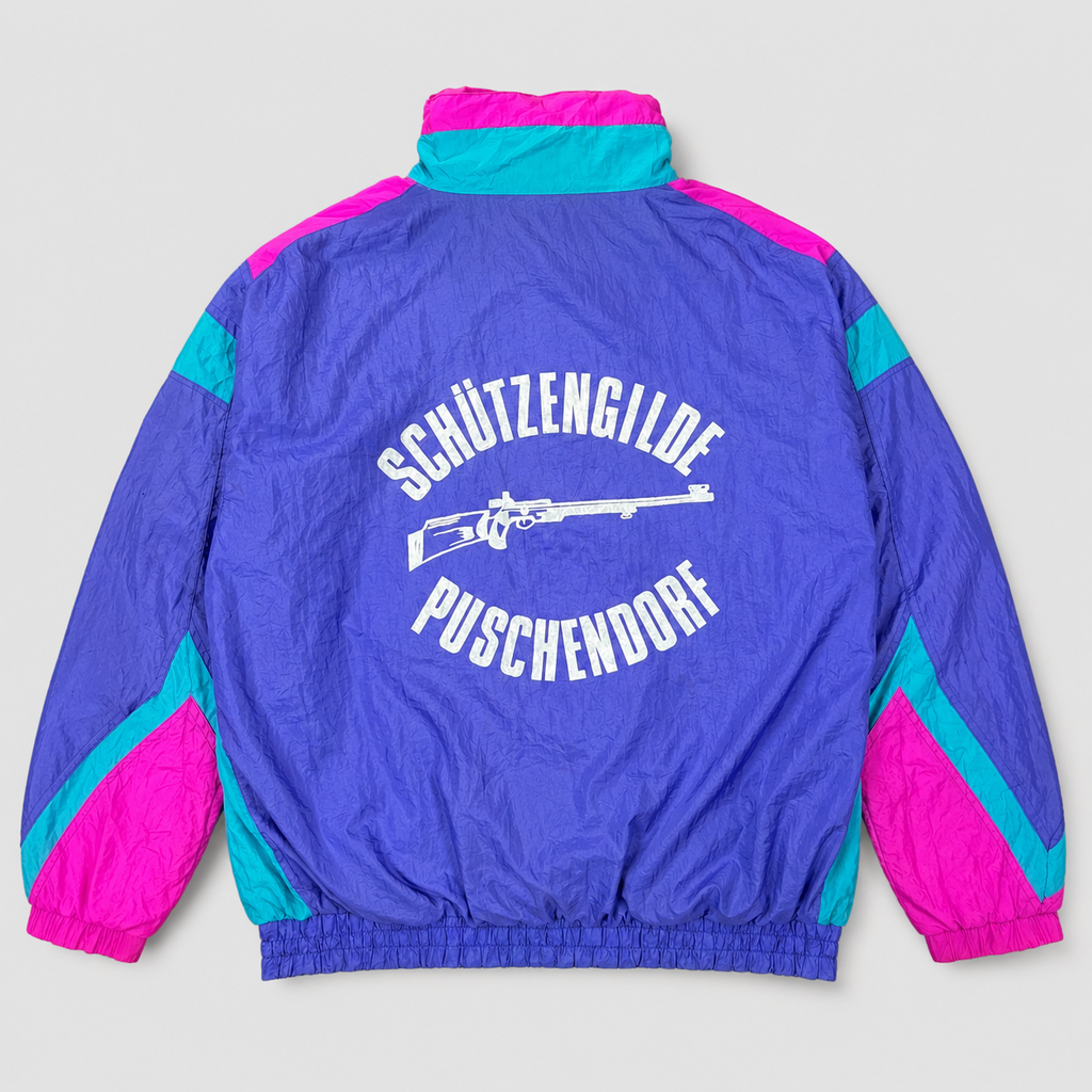 80s Colourblock Jacket Men's Large Retro Purple Pink Shooting Club Graphic WIndbreaker