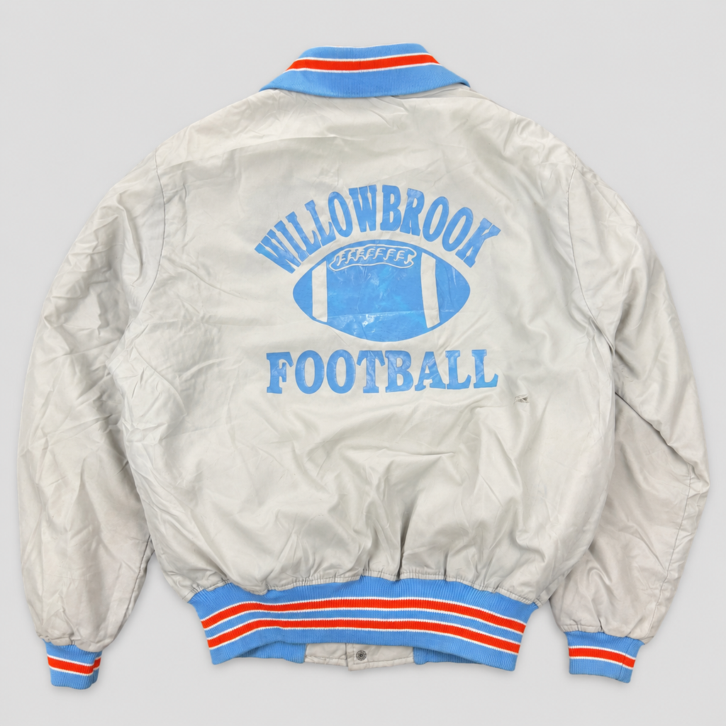Vintage 90s Satin Bomber Jacket Men's Large Grey Blue Coaches Windbreaker