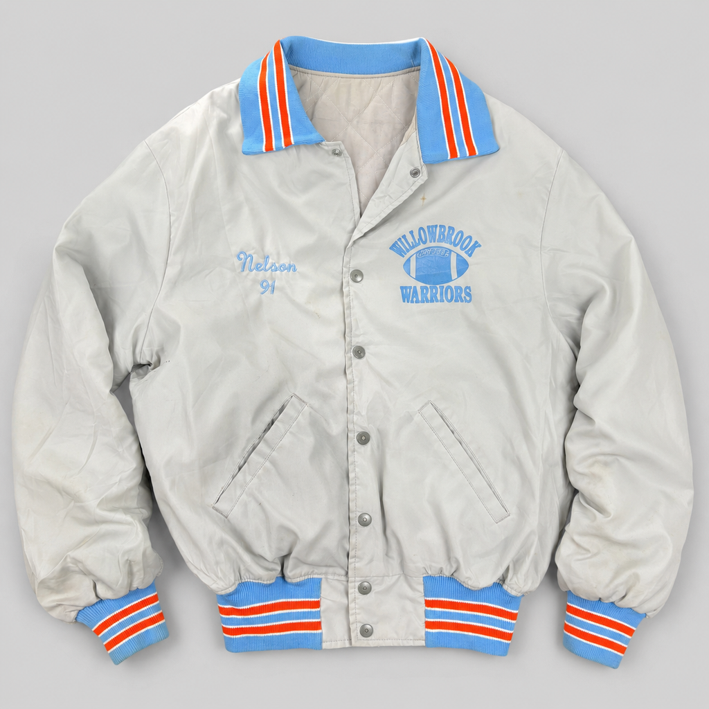 Vintage 90s Satin Bomber Jacket Men's Large Grey Blue Coaches Windbreaker