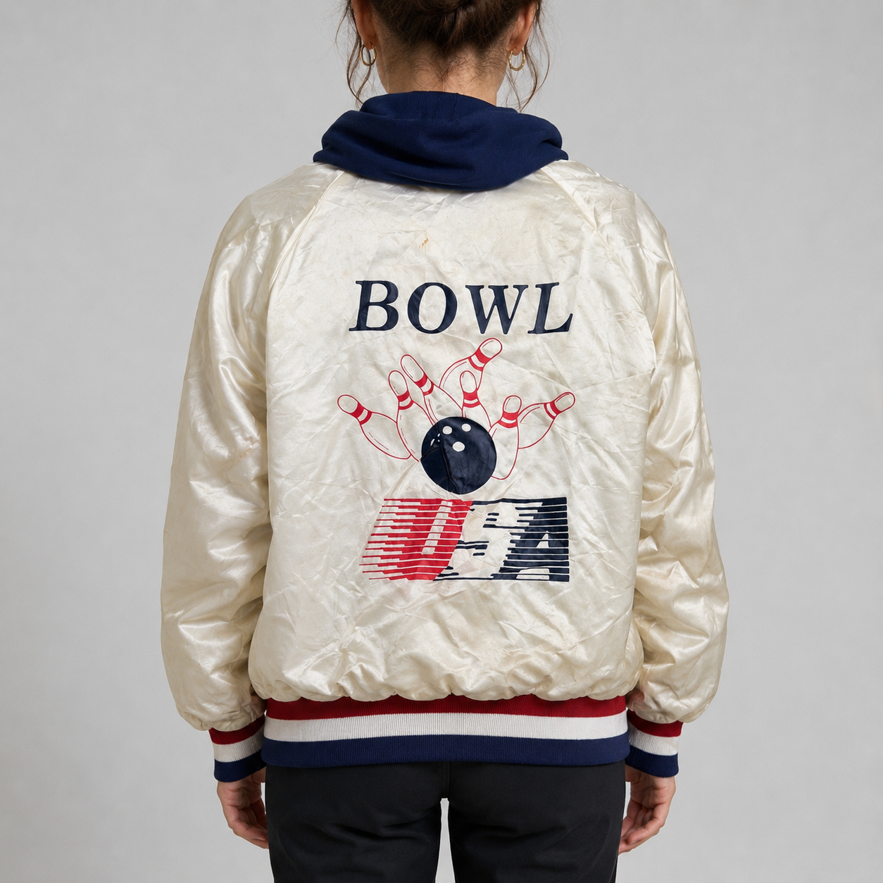 Vintage 90s Satin Bomber King Louie Bowling Jacket Size Medium Unisex White Cuffed