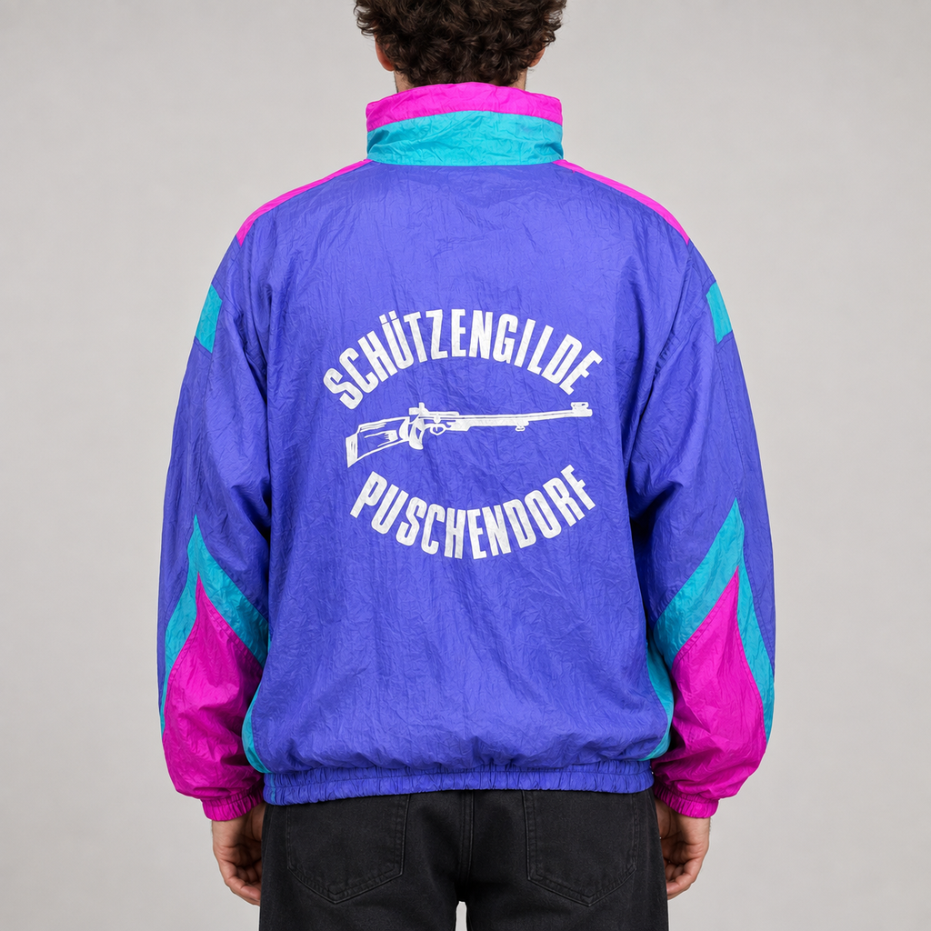 80s Colourblock Jacket Men's Large Retro Purple Pink Shooting Club Graphic WIndbreaker