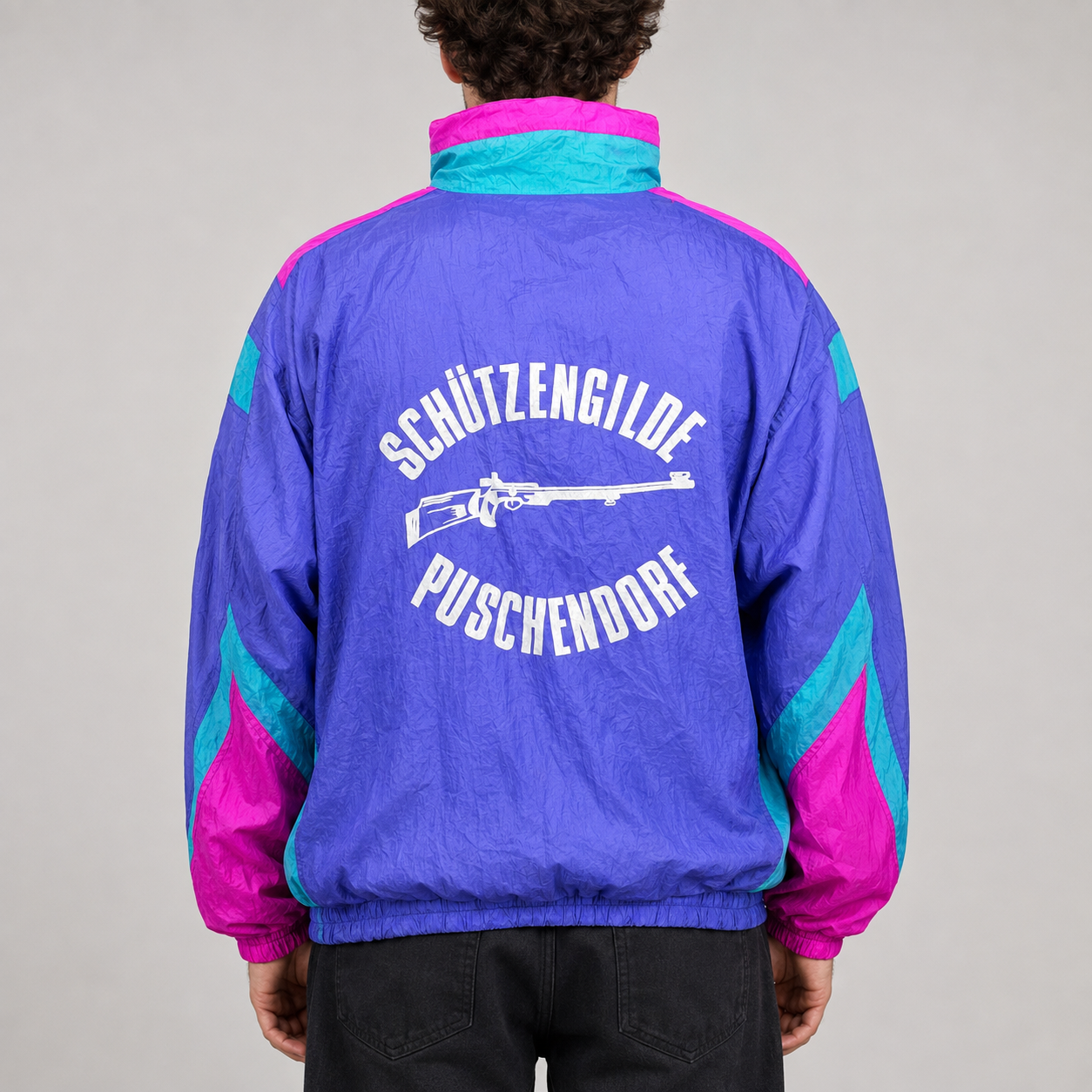 80s Colourblock Jacket Men's Large Retro Purple Pink Shooting Club Graphic WIndbreaker