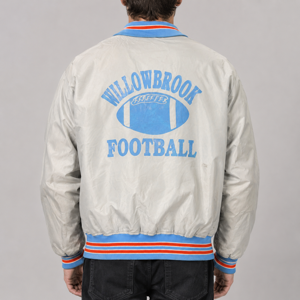 Vintage 90s Satin Bomber Jacket Men's Large Grey Blue Coaches Windbreaker