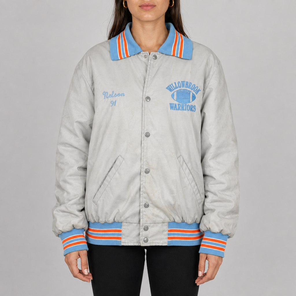 Vintage 90s Satin Bomber Jacket Men's Large Grey Blue Coaches Windbreaker