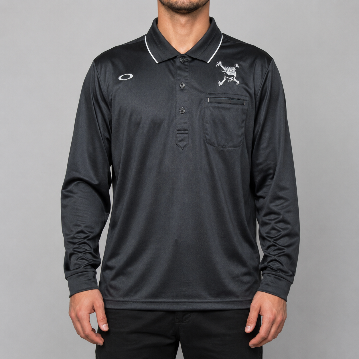2000s Oakley Scatter Skull Polo Shirt Men's Medium Black Long Sleeve