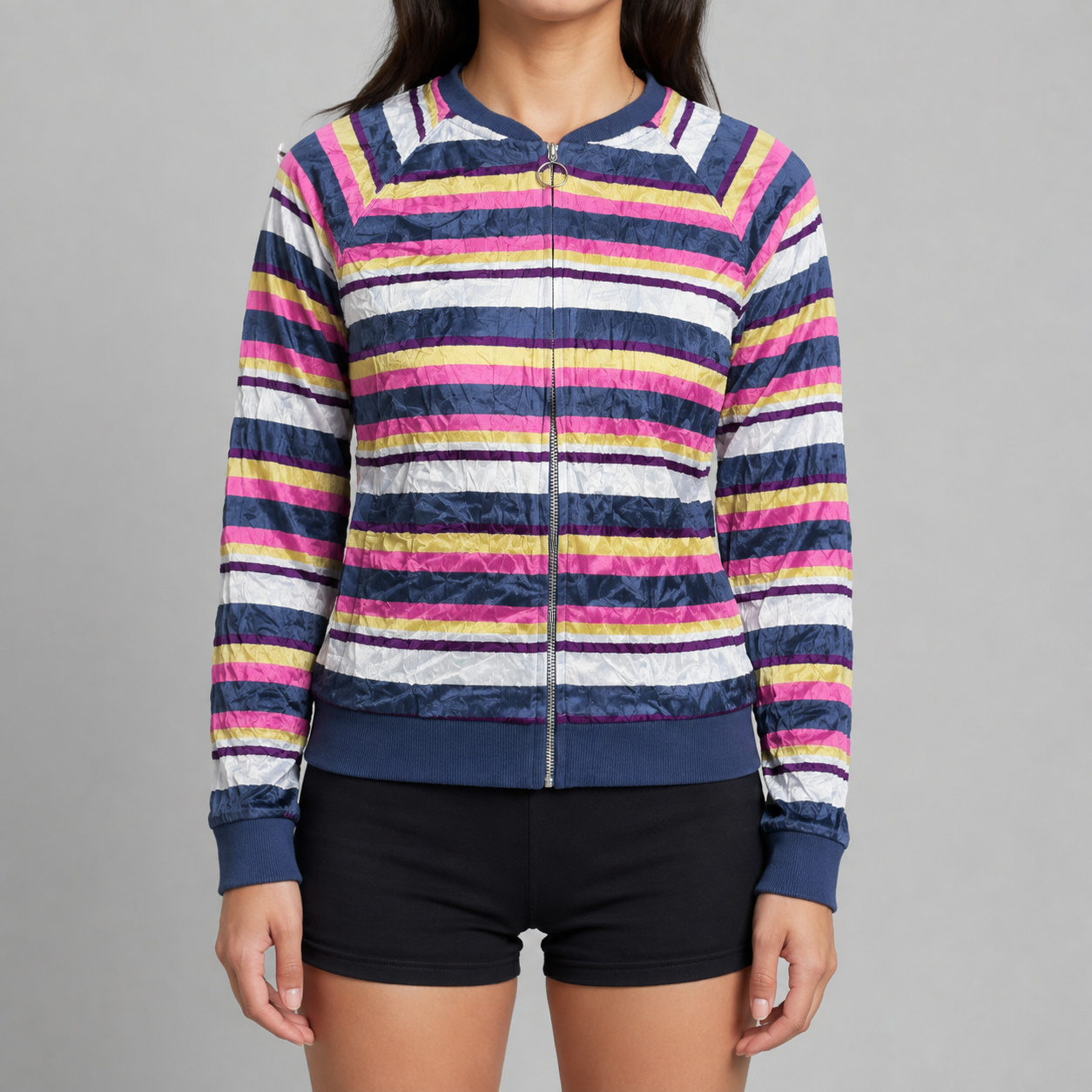 Y2K Mossimo Velour Jumper Women's Small Striped Multi Colour Zip Up