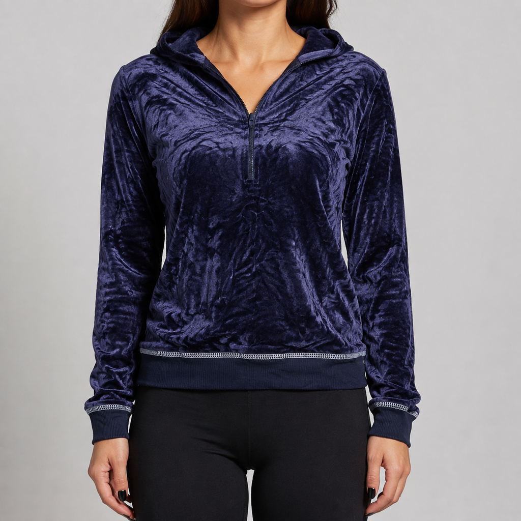 2000s Tommy Hilfiger Velour Hoodie Women's Small Navy Blue Jumper