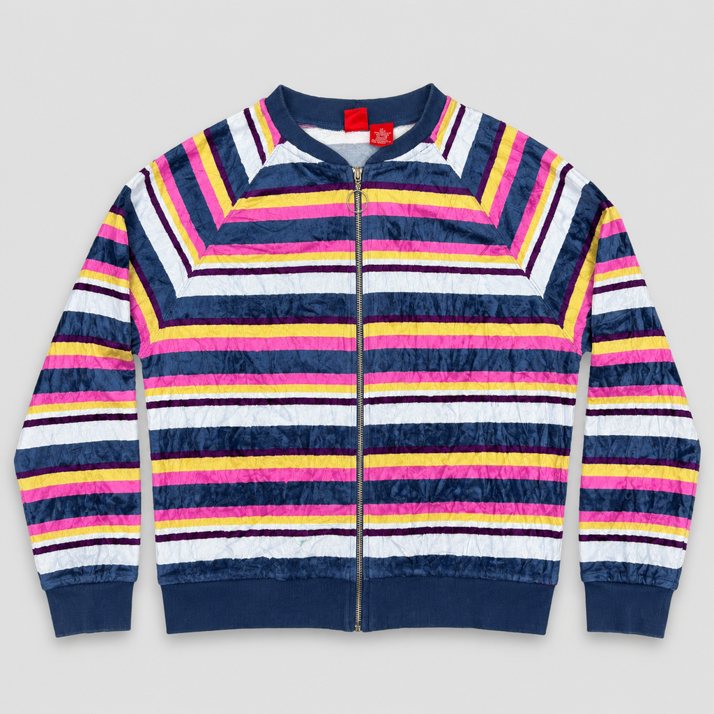 Y2K Mossimo Velour Jumper Women's Small Striped Multi Colour Zip Up