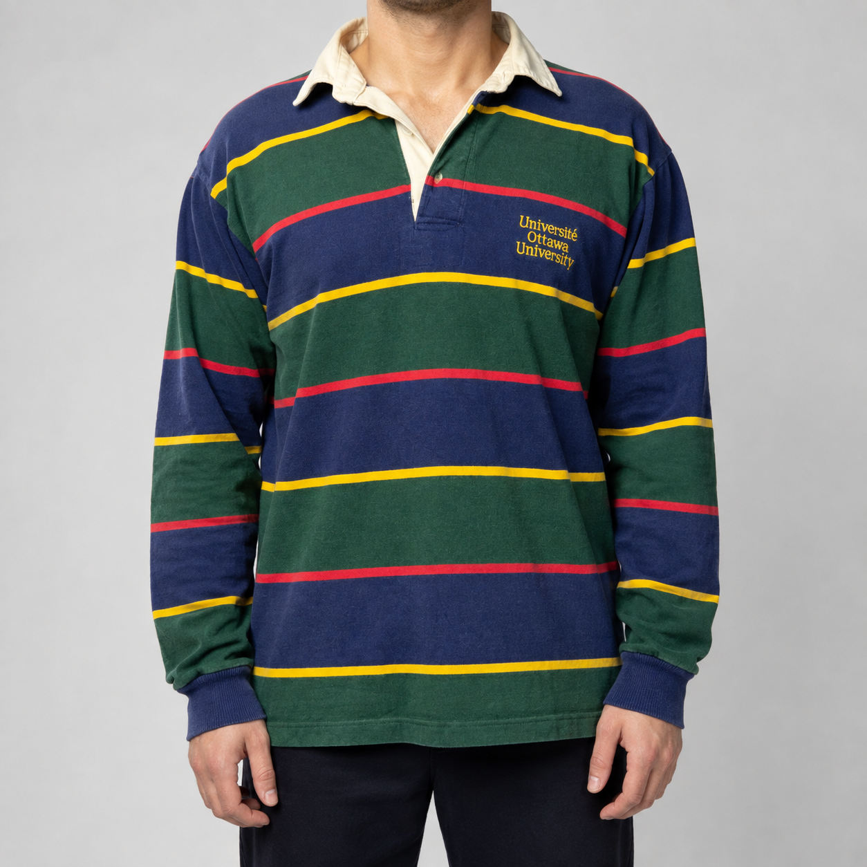 Vintage Barbarian Rugby Shirt Men's Medium Striped Blue Green Ottowa University