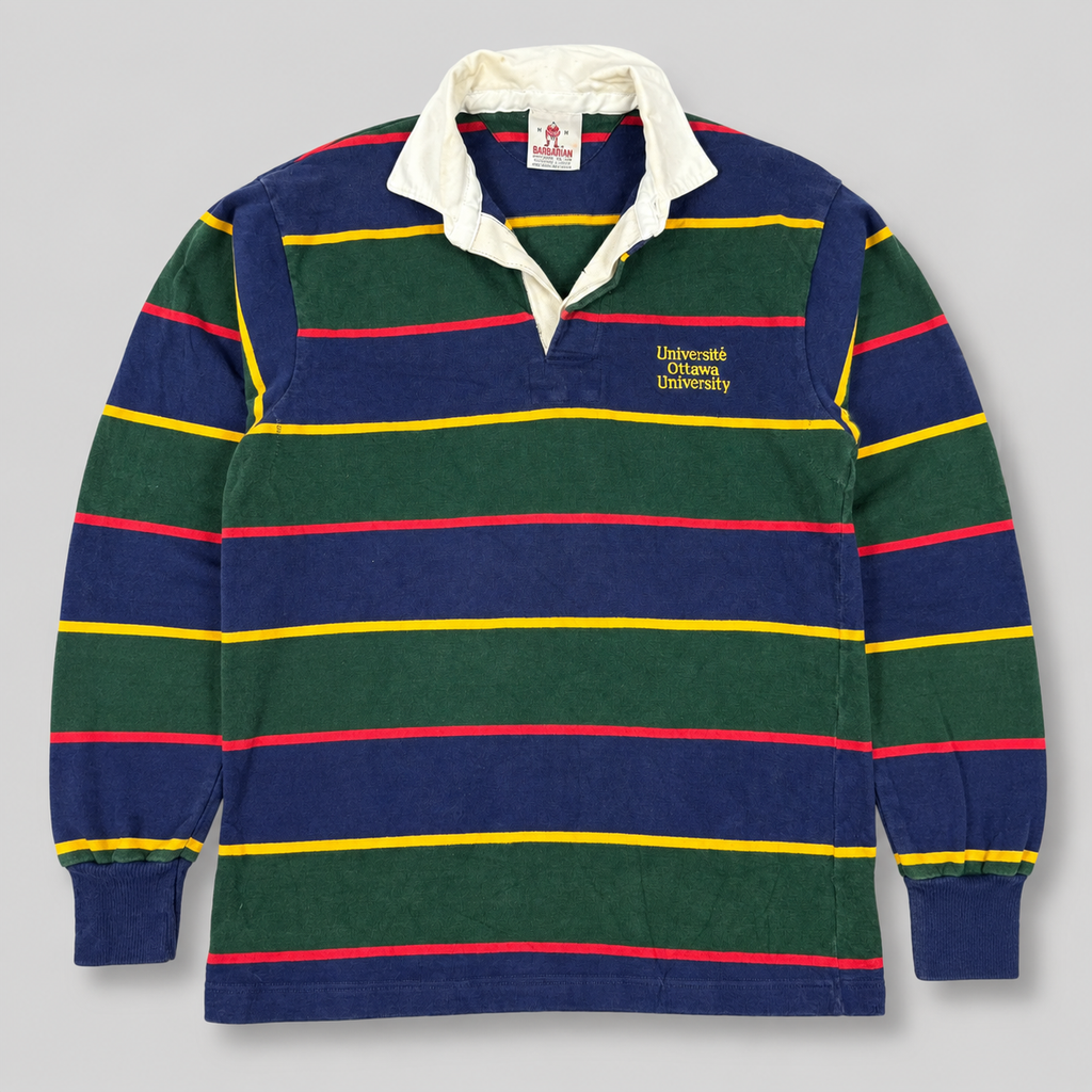 Vintage Barbarian Rugby Shirt Men's Medium Striped Blue Green Ottowa University