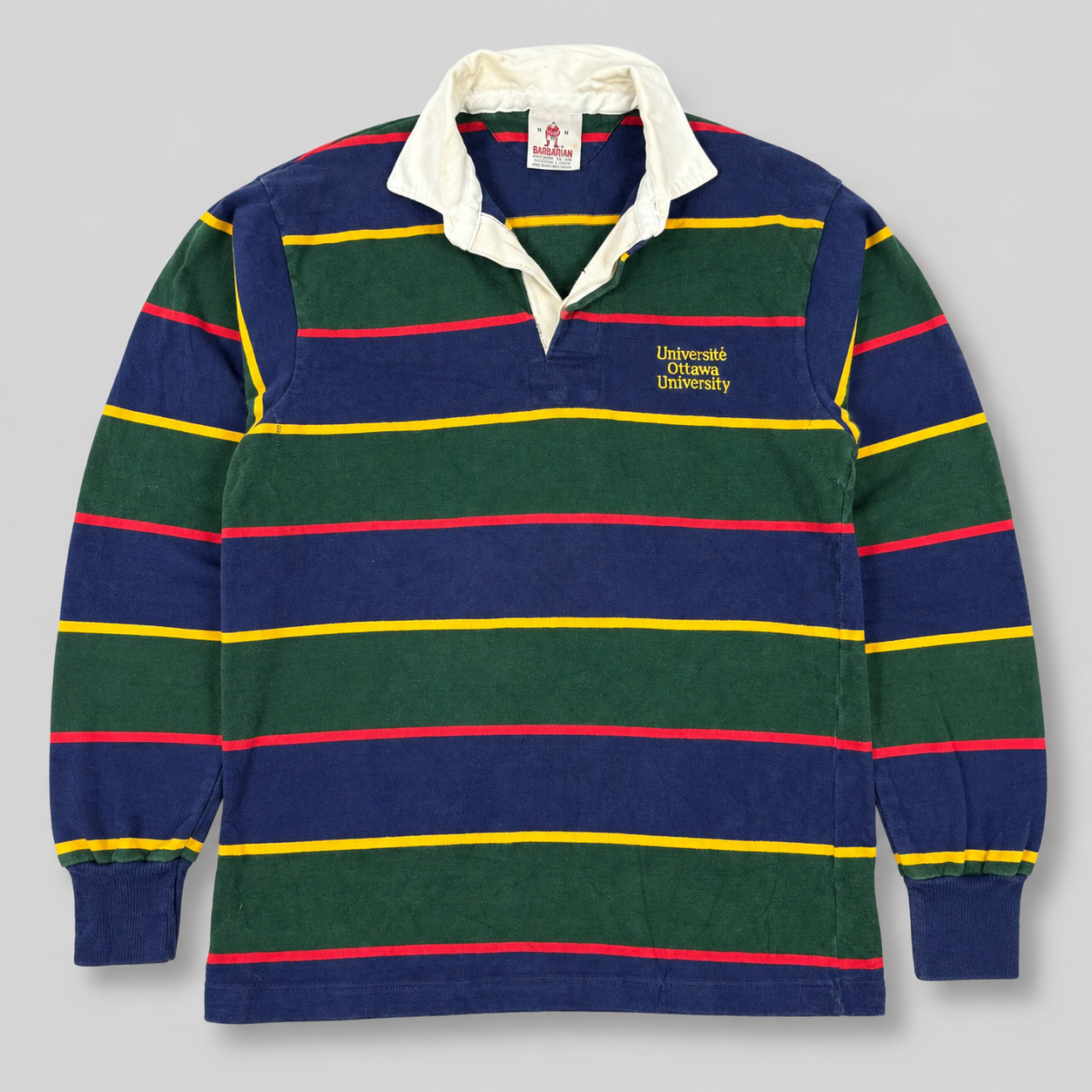 Vintage Barbarian Rugby Shirt Men's Medium Striped Blue Green Ottowa University