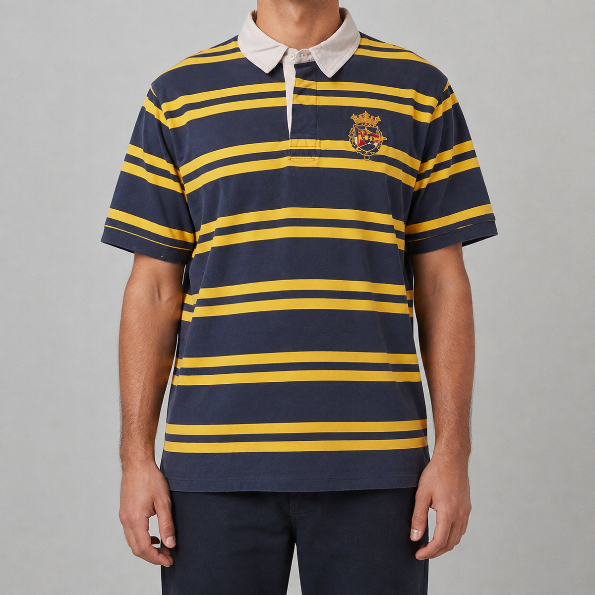 Vintage Men's 90's Ralph Lauren Polo XXL Blue Yellow Striped Badge Logo Shirt Collared