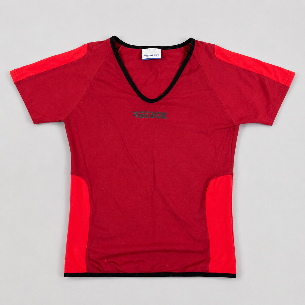 y2k Reebok V-neck Activewear Top Women's XS Red Black Petite Gym T-shirt