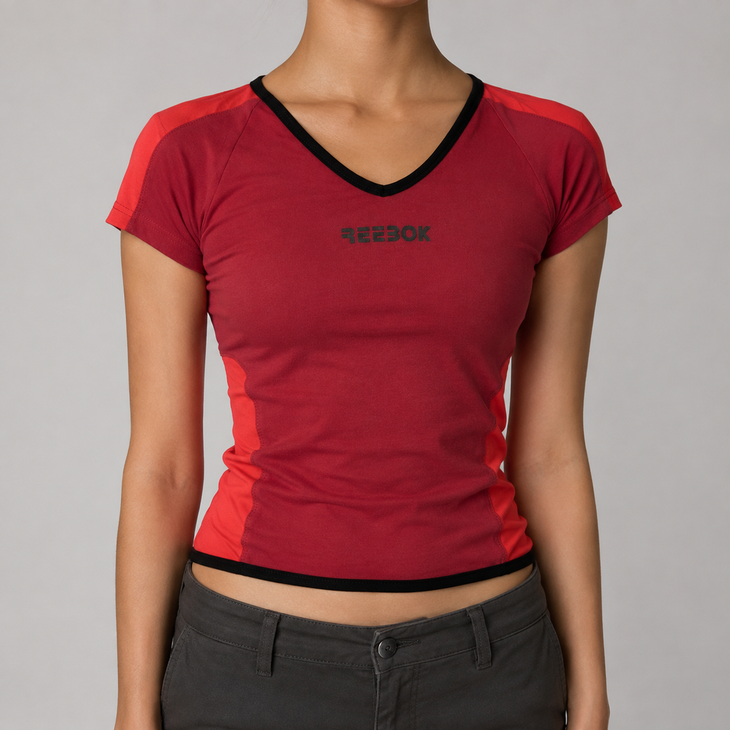 y2k Reebok V-neck Activewear Top Women's XS Red Black Petite Gym T-shirt