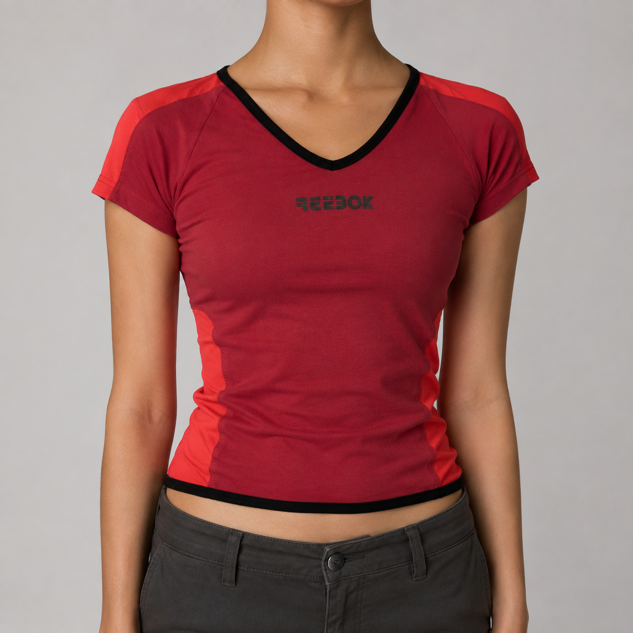 y2k Reebok V-neck Activewear Top Women's XS Red Black Petite Gym T-shirt