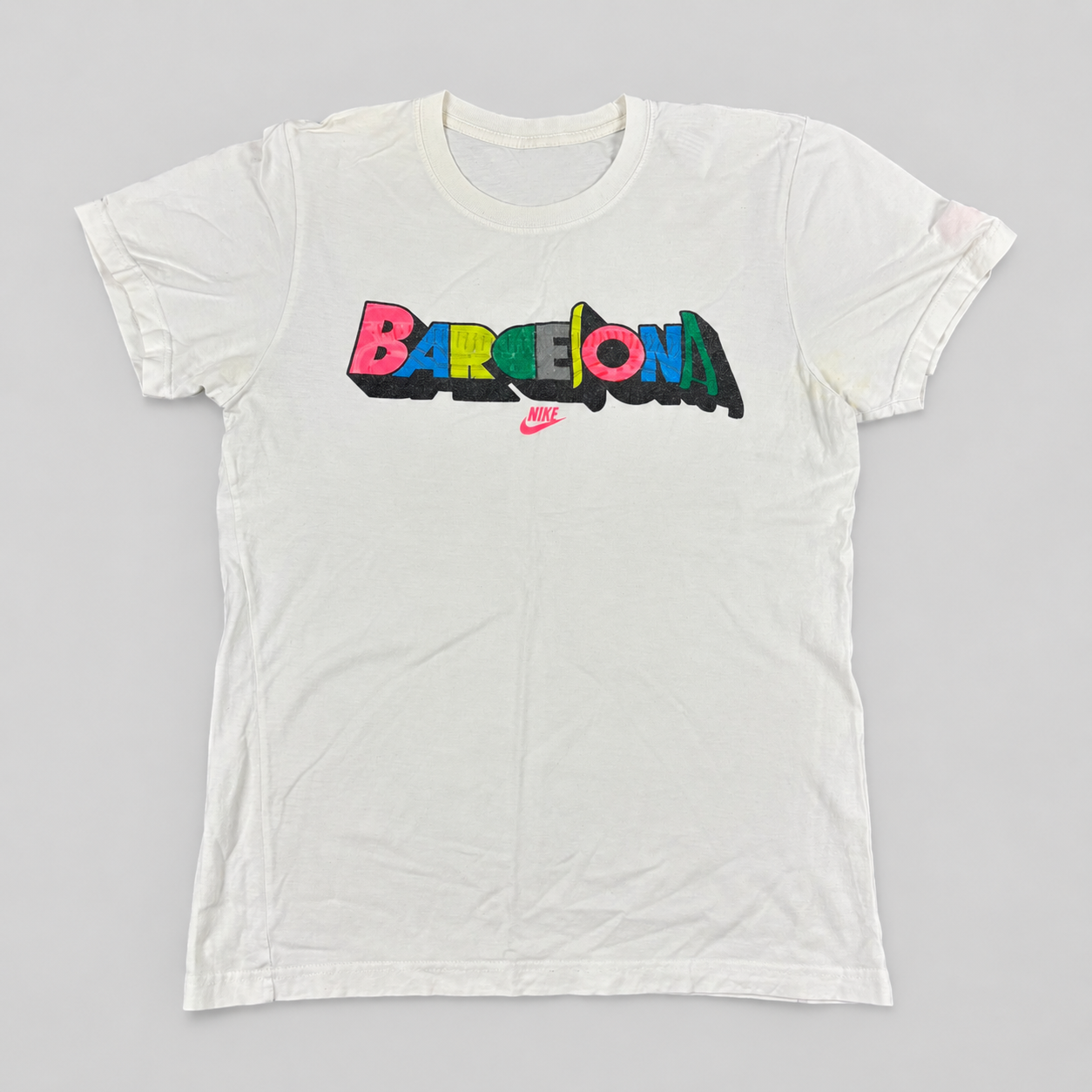 y2k Nike Barcelona T-shirt Women's Small White Colourful Tee