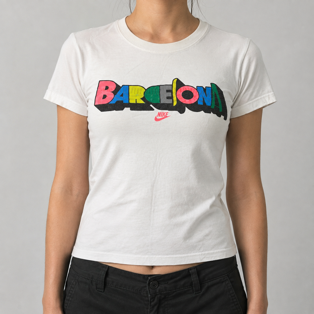 y2k Nike Barcelona T-shirt Women's Small White Colourful Tee