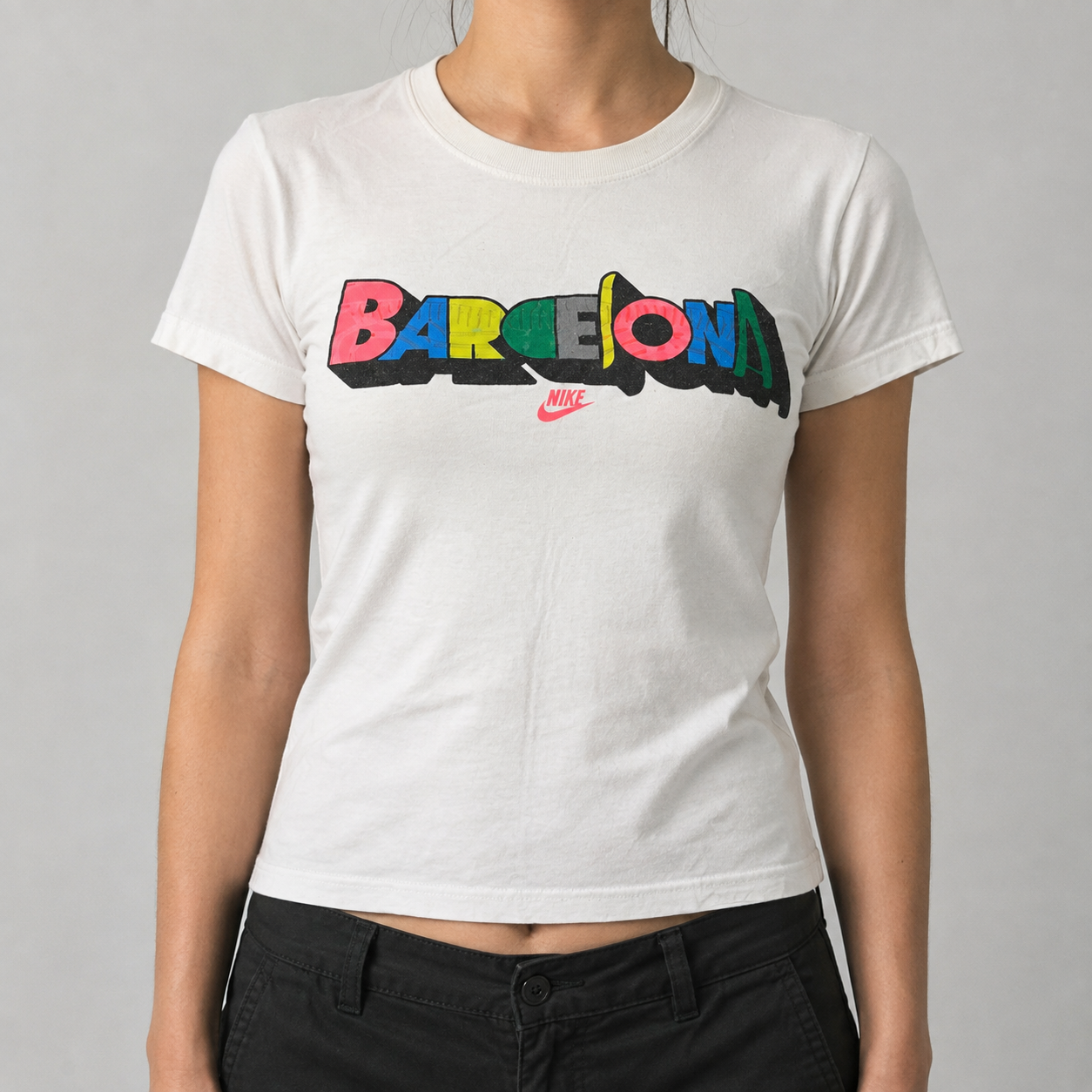 y2k Nike Barcelona T-shirt Women's Small White Colourful Tee