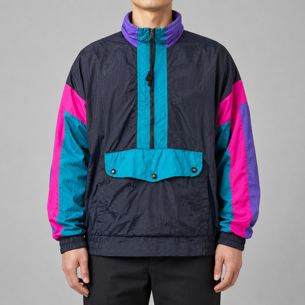 Vintage 80s Anorak Jacket Men's Large Black Fluro Nylon Windbreaker