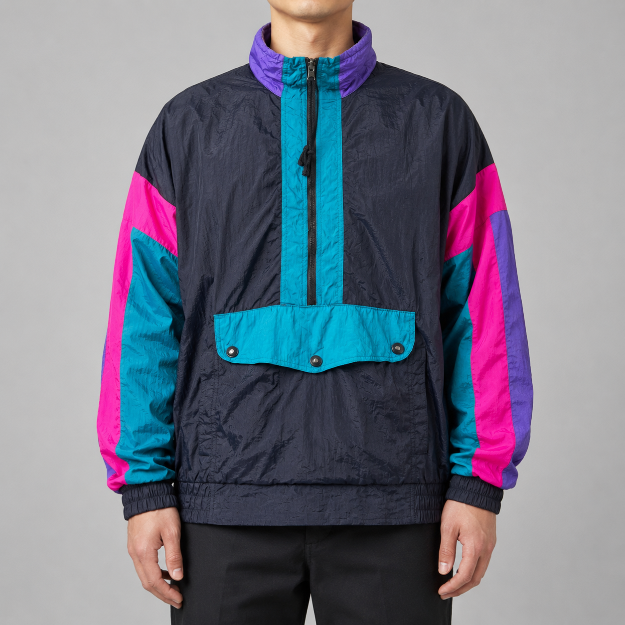 Vintage 80s Anorak Jacket Men's Large Black Fluro Nylon Windbreaker